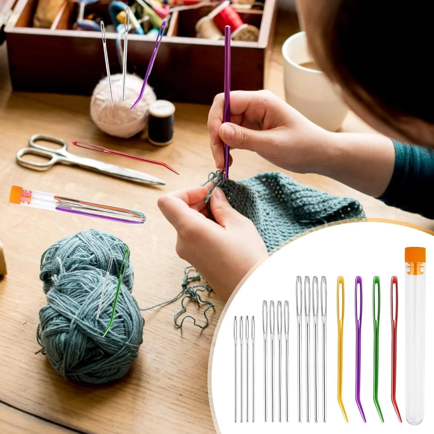 ست 16 عددی سوزن خیاطی، سوزن های خیاطی با سوراخ بزرگ، سوزن های گلدوزی کودکان، ست سوزن خیاطی، سوزن های چشم بزرگ، سوزن خیاطی بزرگ، سوزن های رفو، برای پشم، صنایع دستی چرمی با دست