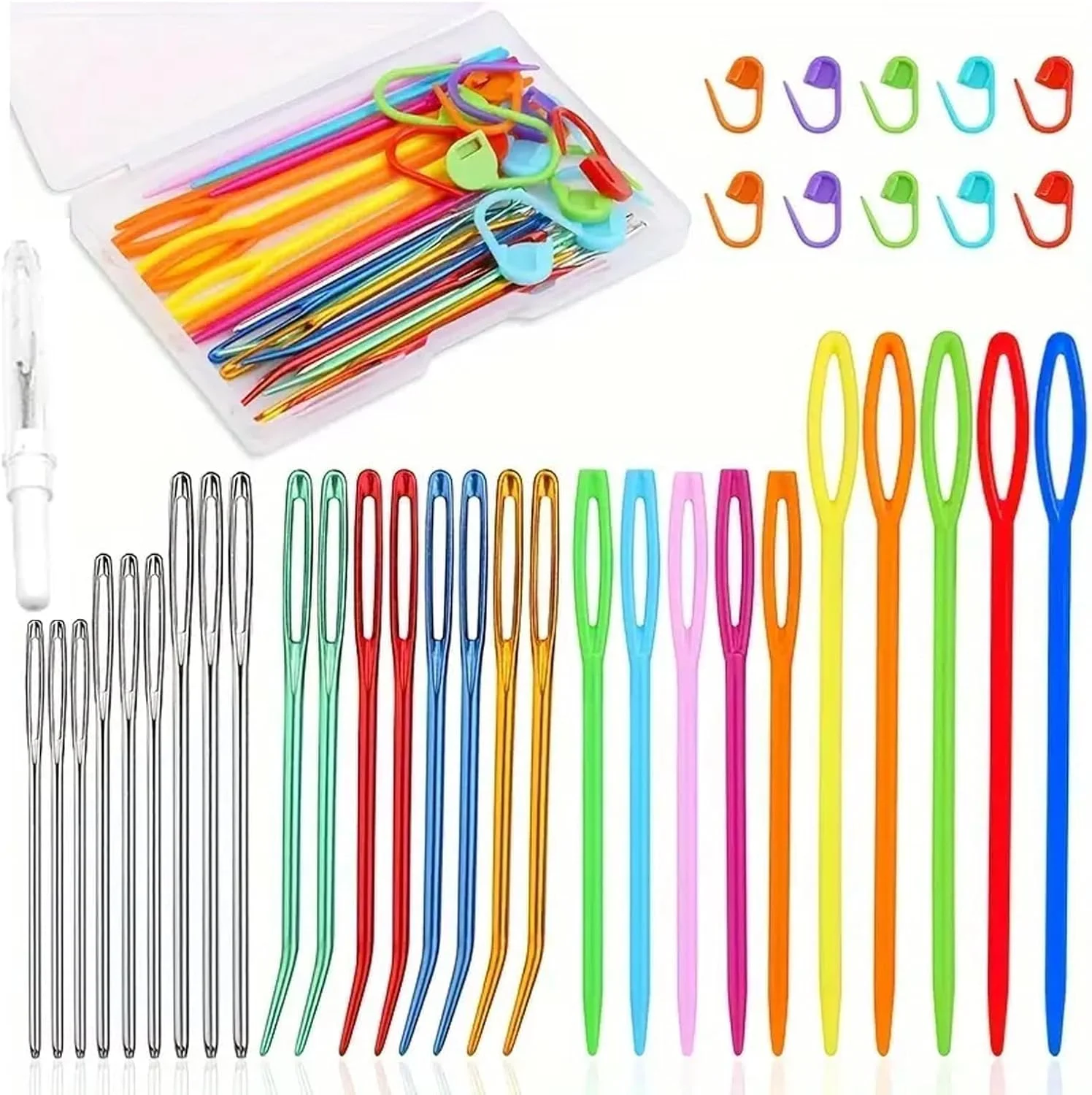 ست سوزن نخ با 9 سوزن فولادی و 18 سوزن با چشمی بزرگ، 1 شکافنده درز، 10 نشانگر قلاب بافی، مناسب برای بافندگی، صنایع دستی و خیاطی