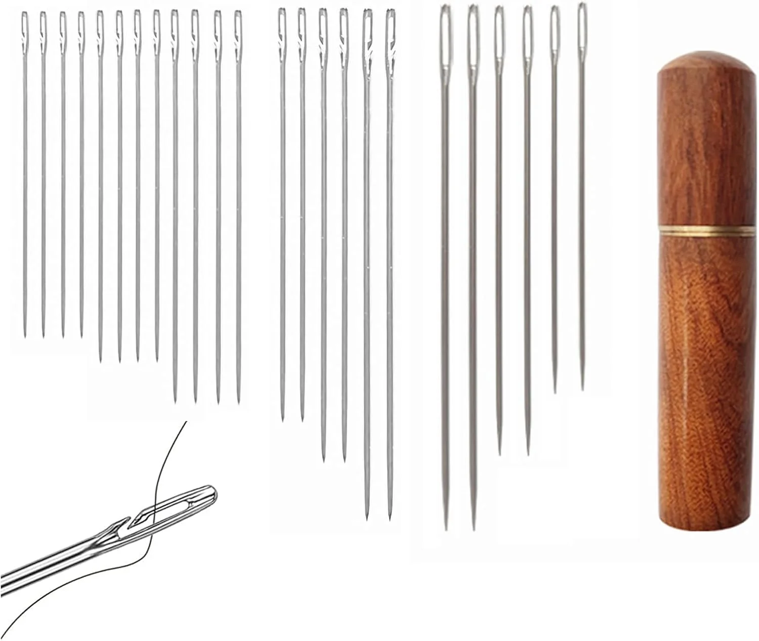 ست سوزن خیاطی دستی 24 عددی، 18 عدد سوزن خود نخ کن متنوع برای خیاطی دستی و 6 عدد سوزن چشم بزرگ و جعبه نگهداری سوزن چوبی، کیت سوزن های نوک تیز با قابلیت نخ کردن آسان از پهلو برای گلدوزی DIY