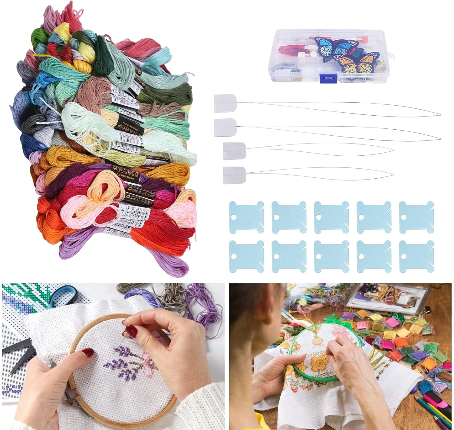 ست گلدوزی پانچ سوزنی، ست قلم گلدوزی پانچ سوزنی با نخ و ابزار گلدوزی برای خیاطی، بافتنی و نخ‌کش‌های DIY