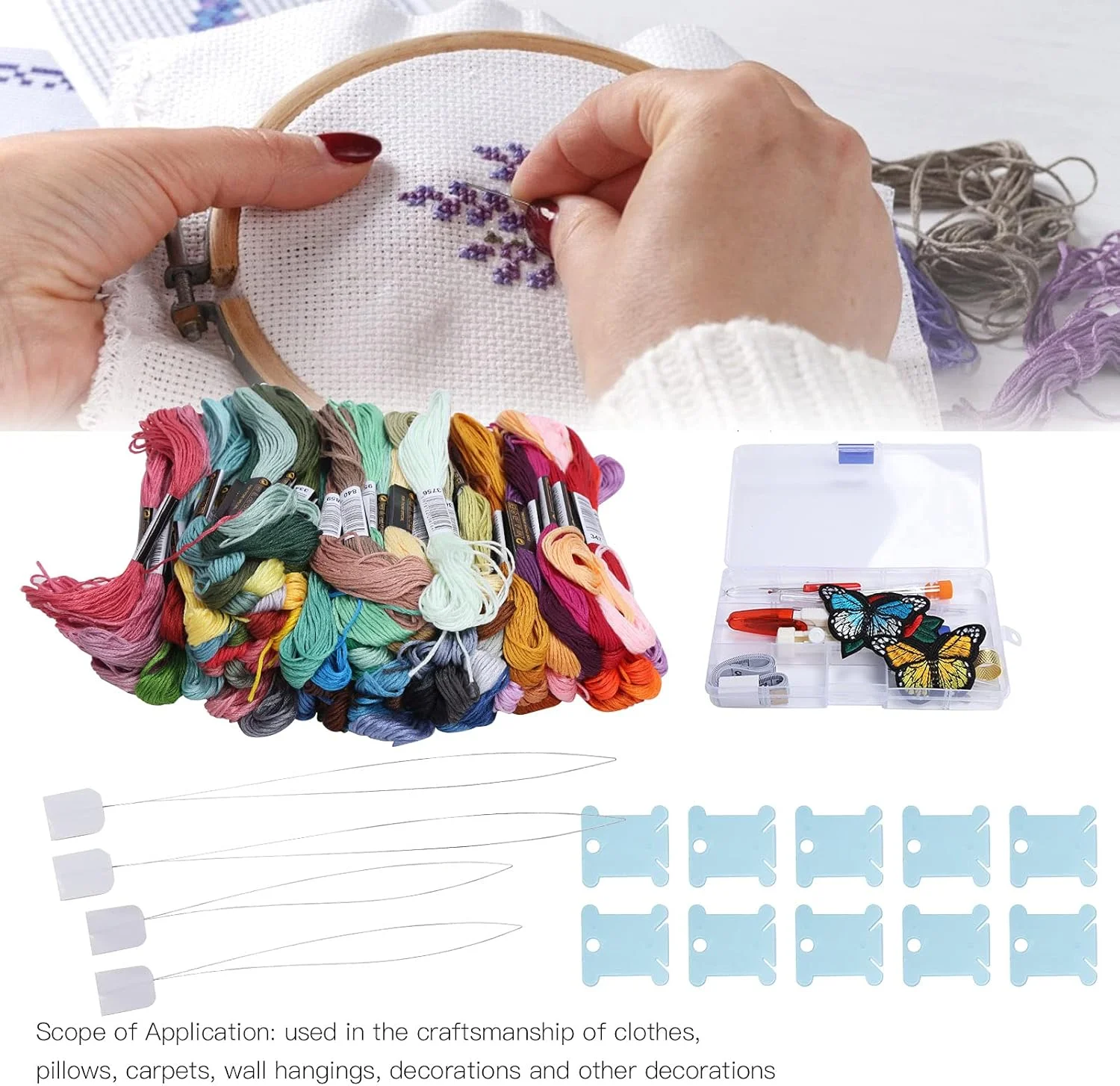 ست گلدوزی پانچ سوزنی، ست قلم گلدوزی پانچ سوزنی با نخ و ابزار گلدوزی برای خیاطی، بافتنی و نخ‌کش‌های DIY