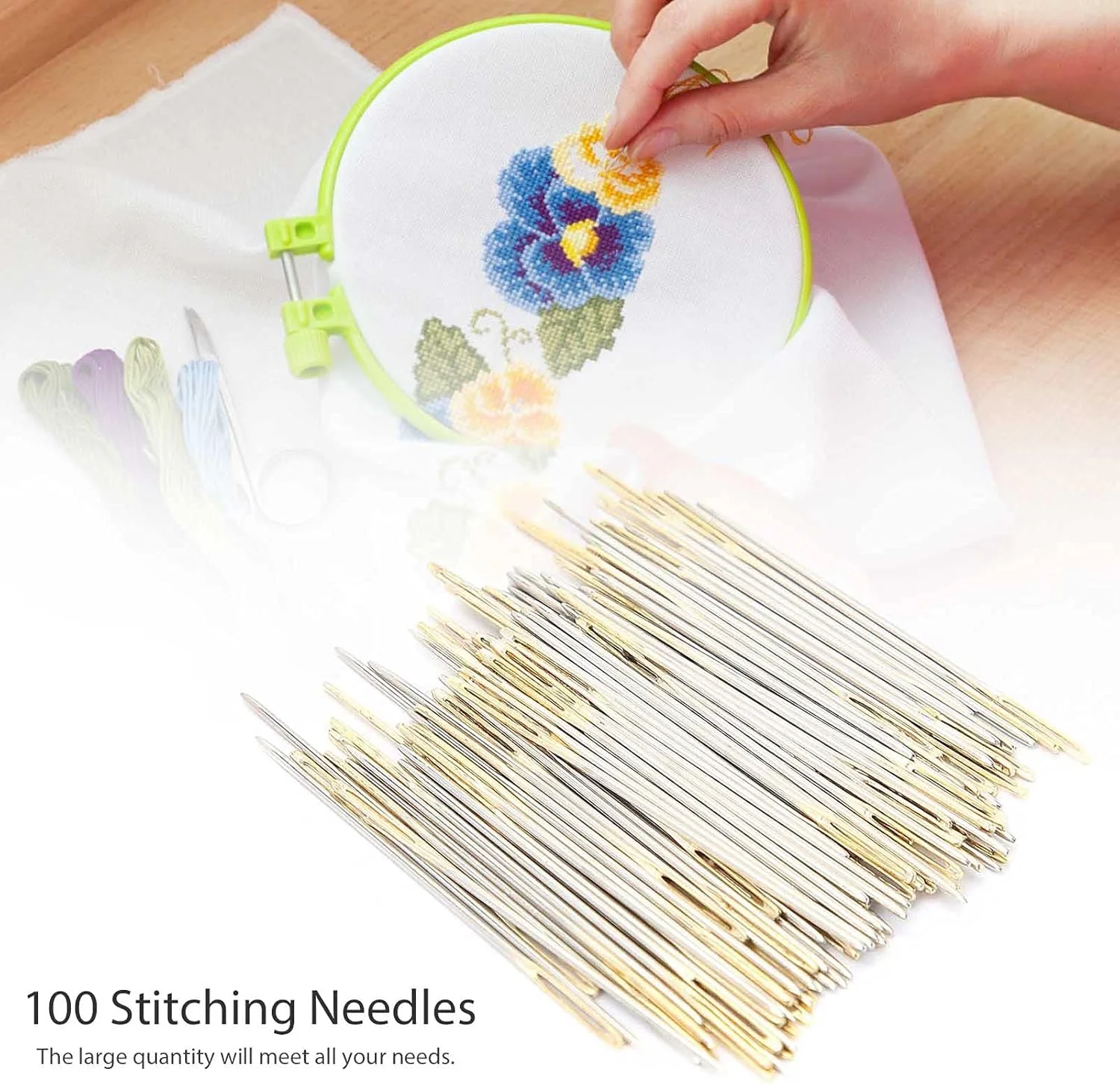 NDNCZDHC 100 عدد سوزن گلدوزی با جعبه نگهداری، سوزن های دوخت چشم بزرگ استیل ضد زنگ، ابزار گلدوزی (#2)