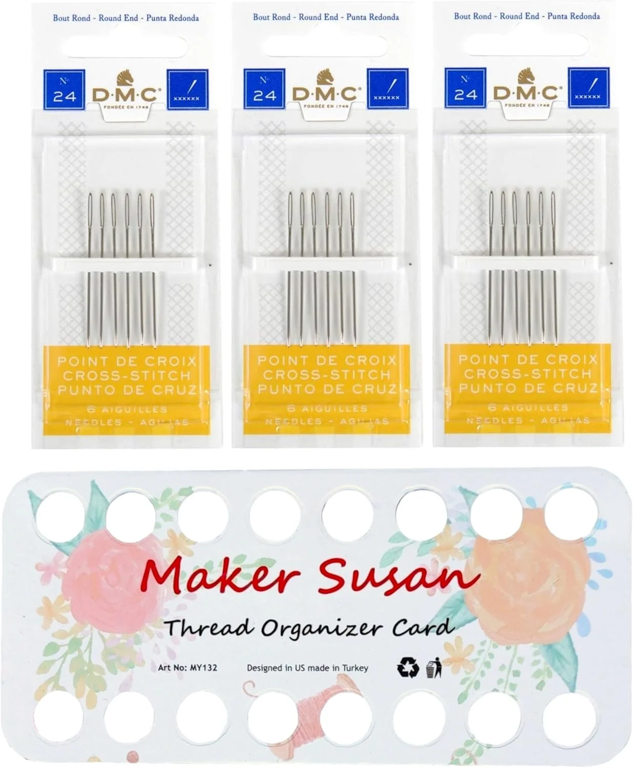 ست سوزن کوبلن سایز 24 DMC (بسته 3 عددی)، سوزن های ته گرد چشم بزرگ با کارت نظم دهنده نخ (در مجموع 18 سوزن، 1 کارت نظم دهنده) ست سوزن کوبلن سایز 24 DMC (بسته 3 عددی)، سوزن های ته گرد چشم بزرگ با کارت نظم دهنده نخ (در مجموع 18 سوزن، 1 کارت نظم دهنده)