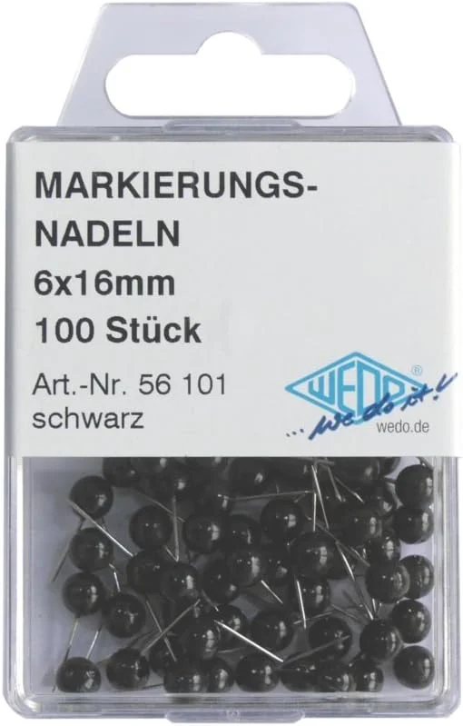 سوزن علامت گذاری Wedo 56100 (سوزن های سر گرد، طول سوزن 16 میلی متر، قطر سر 6 میلی متر) 100 عدد مشکی سوزن علامت گذاری Wedo 56100 (سوزن های سر گرد، طول سوزن 16 میلی متر، قطر سر 6 میلی متر) 100 عدد مشکی