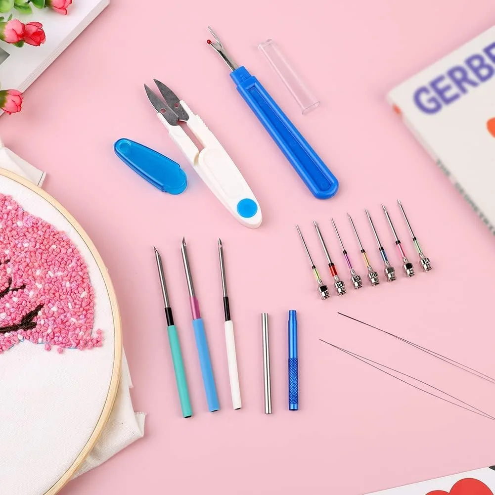 مجموعه 10 عددی سوزن پانچ MAKINGTEC، ابزار سوزن پانچ به همراه بشکاف، سوزن نخ کن، انگشتانه و قیچی، قلم گلدوزی جادویی برای مبتدیان نخ دوزی و گلدوزی ضربدری