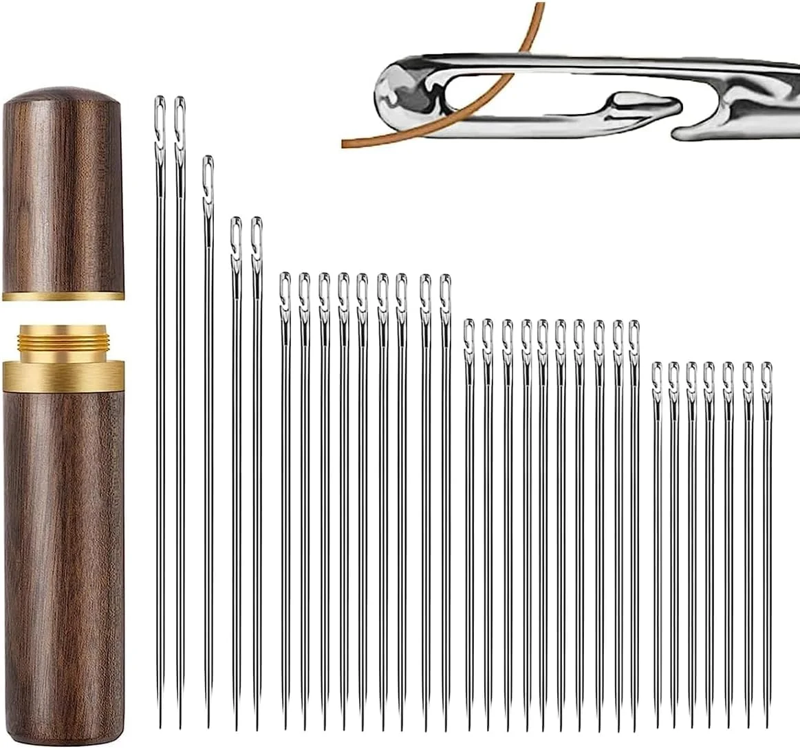 LOCANS 30 عدد سوزن لحاف دوزی خود نخ با جعبه سوزن چوبی، سوزن لحاف دوزی بلند در اندازه های مختلف، سوزن لحاف دوزی خود نخ آسان برای لحاف دوزی، گلدوزی، خیاطی دستی