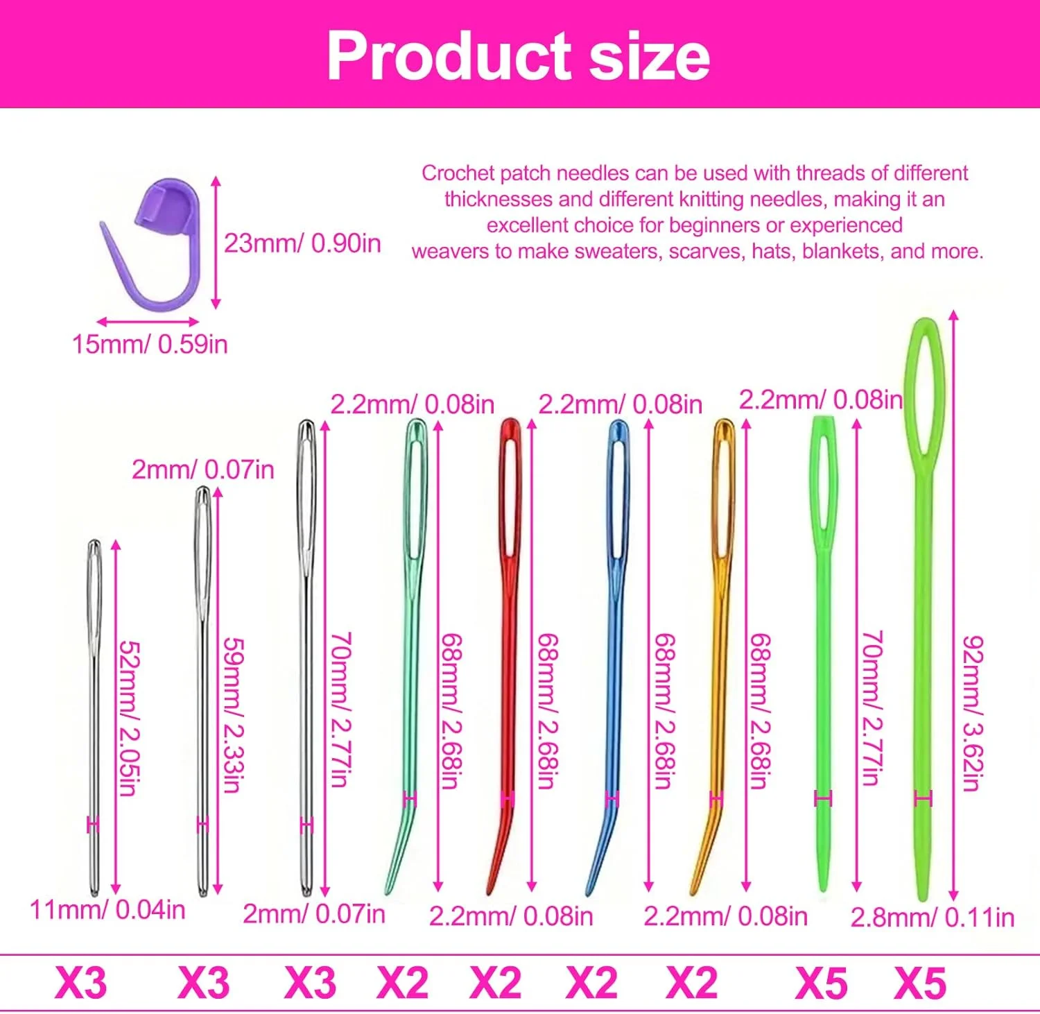 سوزن های پشمی LINTRA برای خیاطی، بسته 27 عددی سوزن های رفو برای پشم، سوزن های رفو رنگارنگ با سوراخ بزرگ، سوراخ های بزرگ، سوزن های رفو برای قلاب بافی، با نشانگر سوزن بافندگی، برای خیاطی