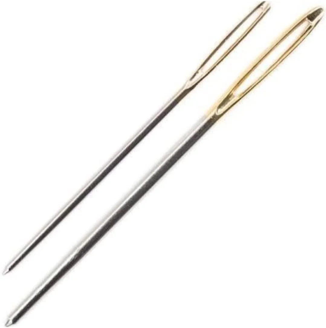 بسته 6 عددی سوزن های گلدوزی دستی نوک طلایی LeeKraftz با چشم بزرگ و کشیده، سایزهای 2 اینچ، 1 3/4 اینچ و 1.5 اینچ طول، نقره ای با نوک طلایی