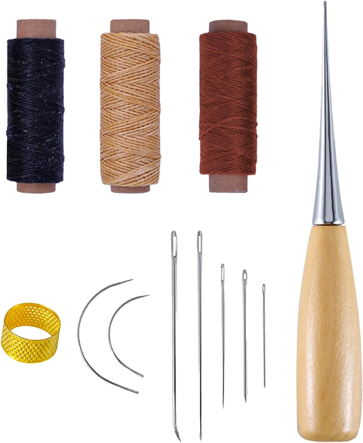 ست 12 عددی سوزن چرم دوزی، کیت نخ موم زده 30 متری، سوزن های دستی، سوزن خمیده، درفش سوراخ کاری، انگشتانه برای گلدوزی، صحافی، دوخت دستی، تعمیر چرم DIY