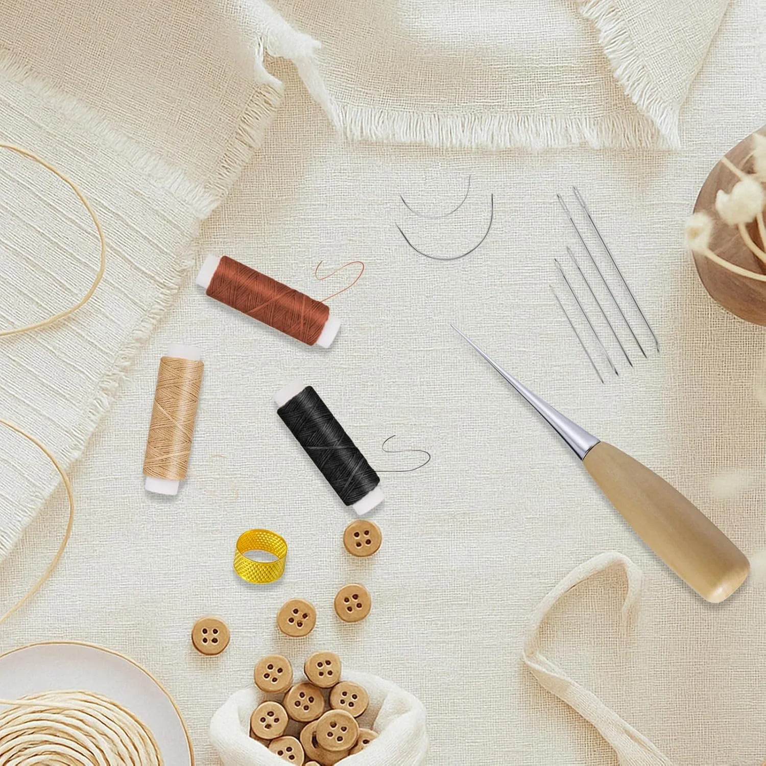 ست 12 عددی سوزن چرم دوزی، کیت نخ موم زده 30 متری، سوزن های دستی، سوزن خمیده، درفش سوراخ کاری، انگشتانه برای گلدوزی، صحافی، دوخت دستی، تعمیر چرم DIY ست 12 عددی سوزن چرم دوزی، کیت نخ موم زده 30 متری، سوزن های دستی، سوزن خمیده، درفش سوراخ کاری، انگشتانه برای گلدوزی، صحافی، دوخت دستی، تعمیر چرم DIY