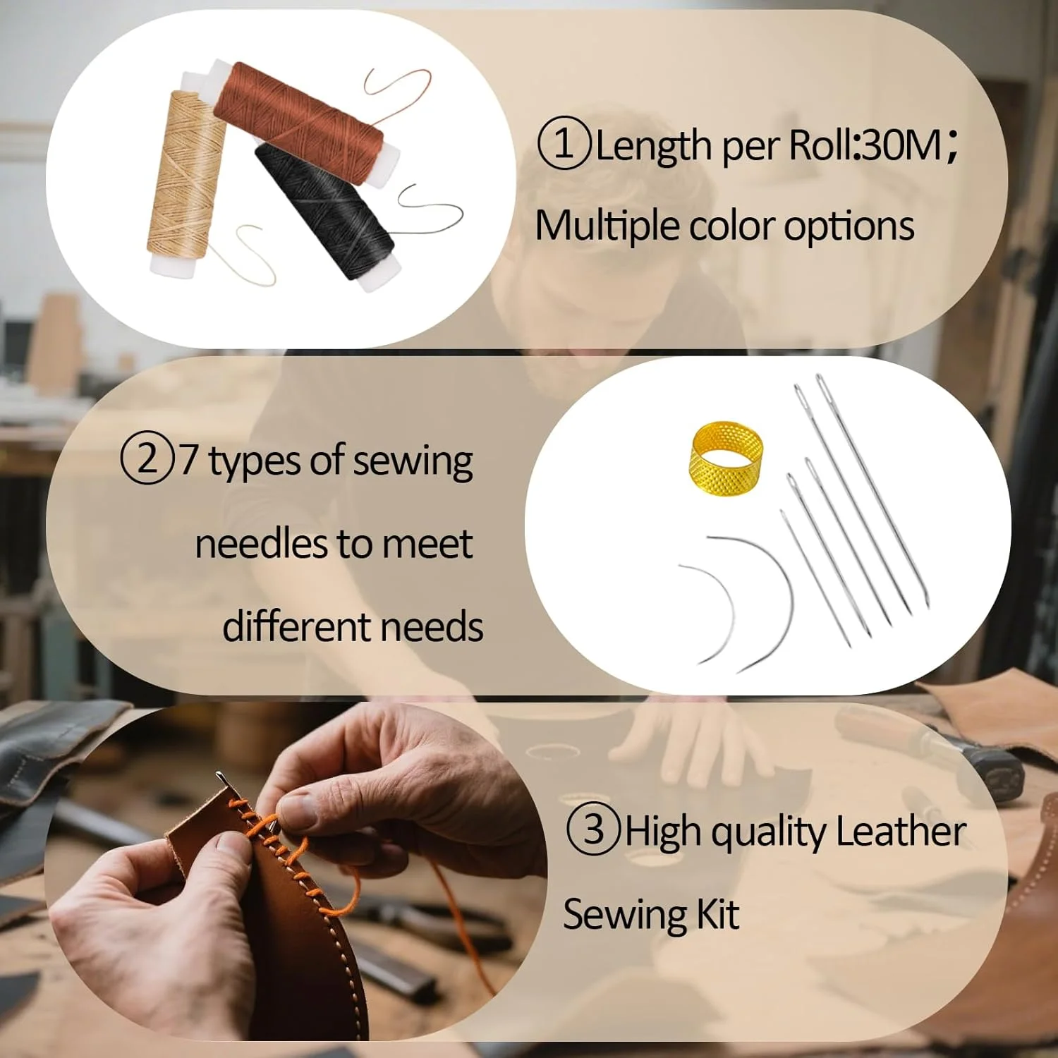 ست 12 عددی سوزن چرم دوزی، کیت نخ موم زده 30 متری، سوزن های دستی، سوزن خمیده، درفش سوراخ کاری، انگشتانه برای گلدوزی، صحافی، دوخت دستی، تعمیر چرم DIY ست 12 عددی سوزن چرم دوزی، کیت نخ موم زده 30 متری، سوزن های دستی، سوزن خمیده، درفش سوراخ کاری، انگشتانه برای گلدوزی، صحافی، دوخت دستی، تعمیر چرم DIY