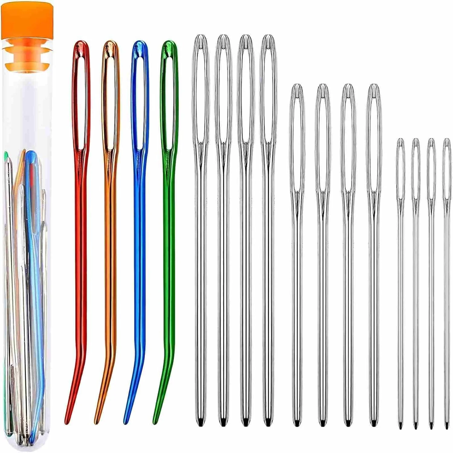 ست سوزن های خیاطی چشم بزرگ، 16 عددی، سایزهای مختلف با نوک های گرد، شامل سوزن های رنگی و نقره ای با لوله نگهداری، سوزن های پشمی برای دوخت بافتنی برای صنایع دستی DIY قلاب بافی، سوزن نخ (رند)