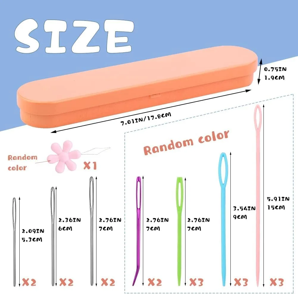 سوزن های پلاستیکی خیاطی با سوراخ بزرگ، سوزن های ضخیم با سوراخ بزرگ، سوزن های ملیله دوزی خمیده، سوزن های کاموا برای بافتنی و قلاب بافی به همراه جعبه نگهداری و سوزن نخ کن