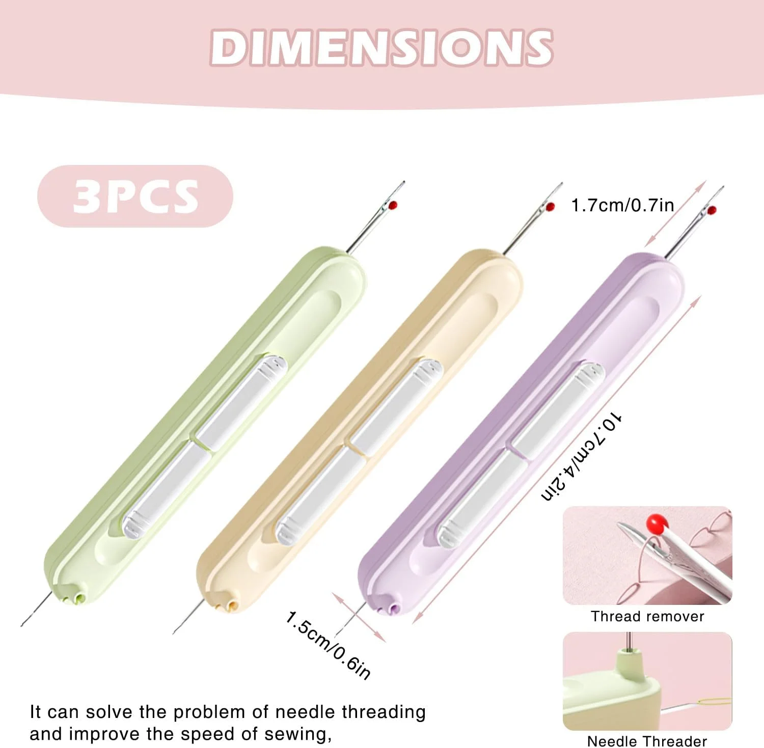 سوزن نخ کن پلاگین لندرین 3 عددی، شکافنده درز 2 در 1، شکافنده درز کشسان برای خیاطی دستی، بافندگی، کاردستی، لوازم جانبی لحاف دوزی