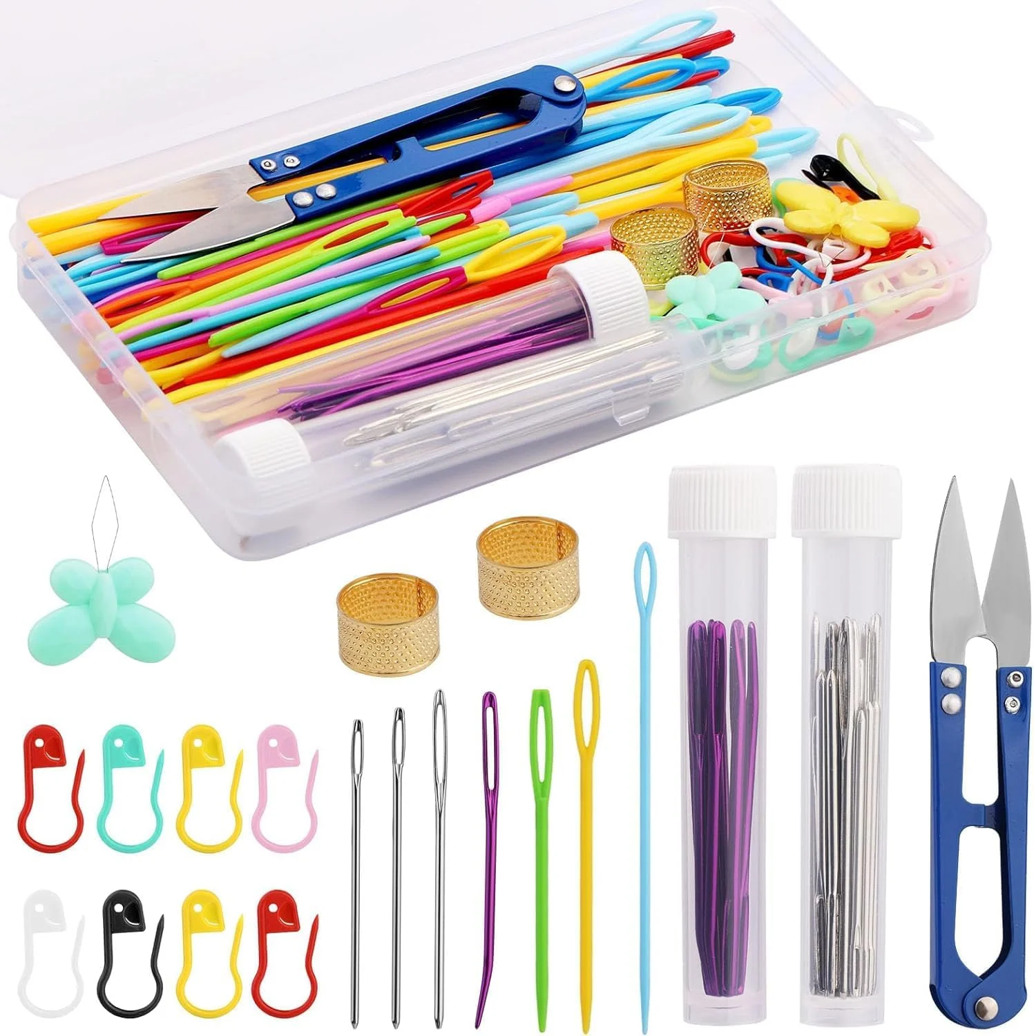 150 عدد سوزن پلاستیکی خیاطی با سوراخ بزرگ، سوزن های ضخیم با سوراخ بزرگ، سوزن های ملیله دوزی خمیده، سوزن های کاموا برای بافندگی و نخ کشی، همراه با جعبه نگهداری و سوزن نخ کن برای قلاب بافی و بافندگی 150 عدد سوزن پلاستیکی خیاطی با سوراخ بزرگ، سوزن های ضخیم با سوراخ بزرگ، سوزن های ملیله دوزی خمیده، سوزن های کاموا برای بافندگی و نخ کشی، همراه با جعبه نگهداری و سوزن نخ کن برای قلاب بافی و بافندگی