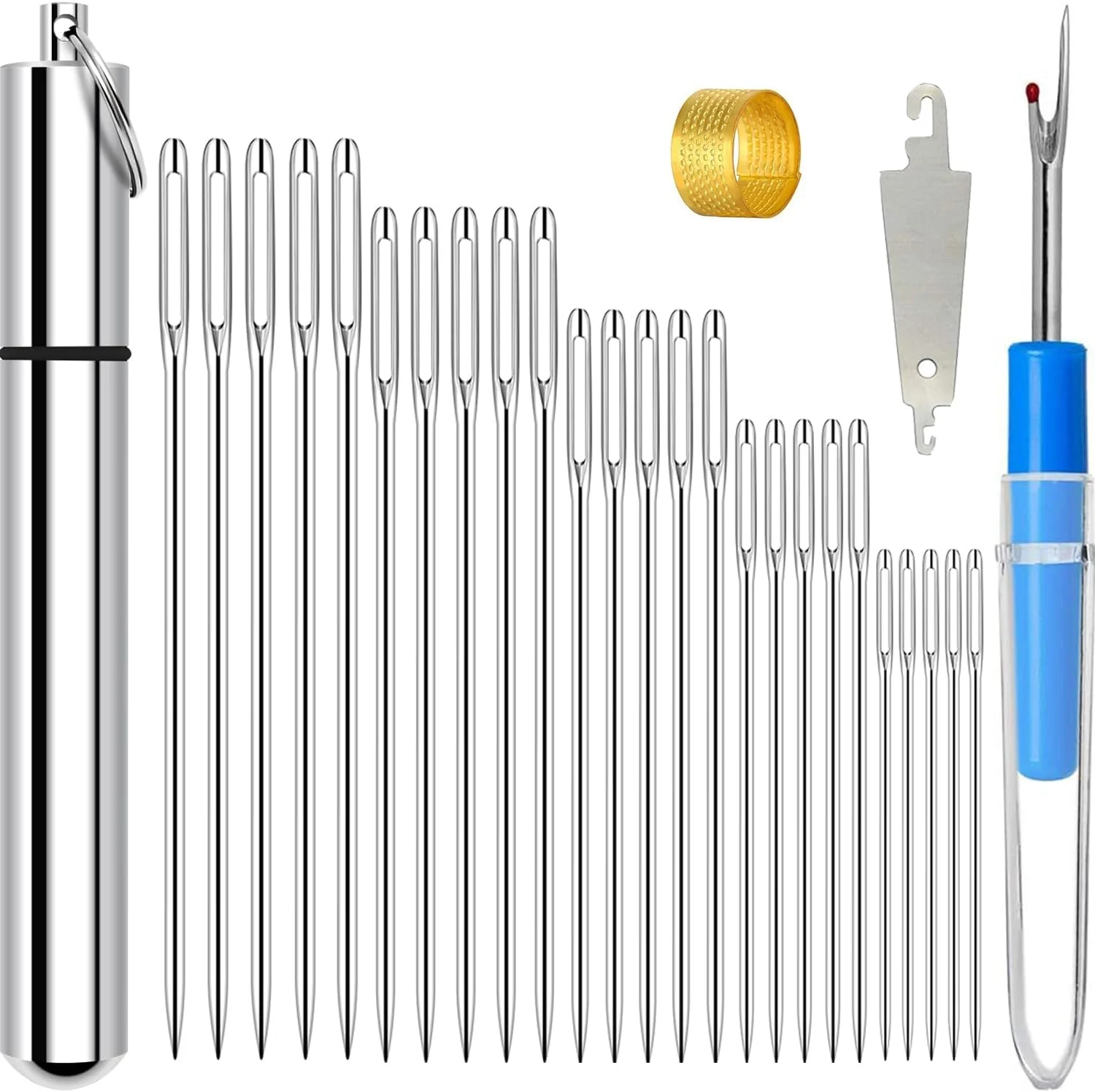 KYUEWRT 25 سوزن گلدوزی چشم بزرگ - 5 سایز سوزن خیاطی دستی چشم بزرگ در لوله ذخیره سازی آلومینیومی