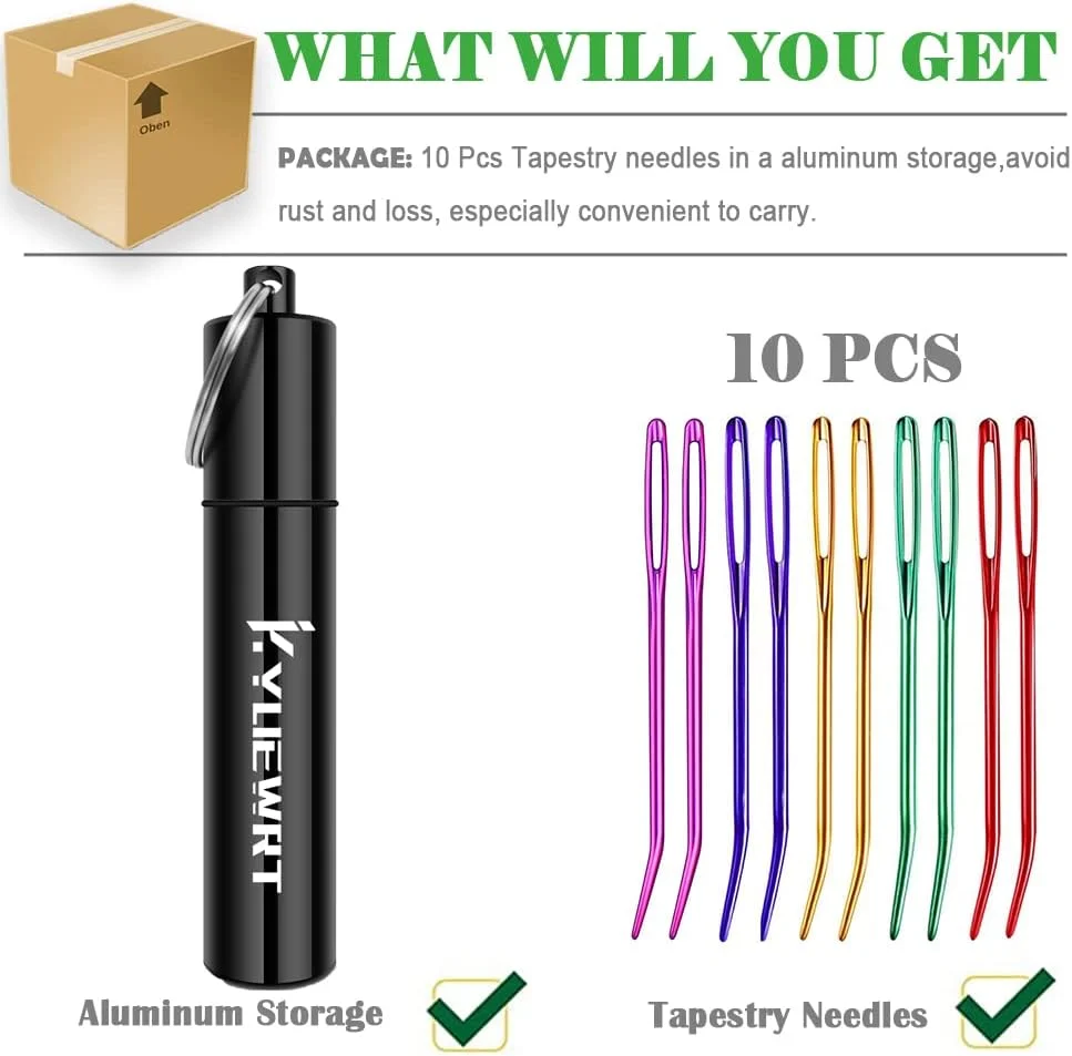 سوزن های قالی بافی و رفو KYUEWRT، سوزن های بزرگ چشم دار بافتنی خمیده به همراه محفظه آلومینیومی
