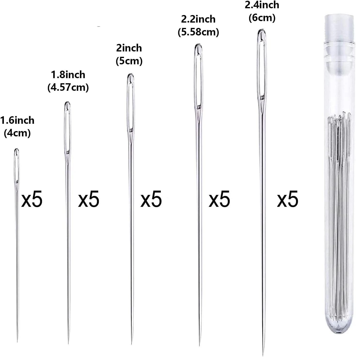 سوزن های چشم بزرگ KongJies، 25 عدد سوزن خیاطی، سوزن های نخ دوزی فولادی برای تعمیر لباس با لوله ذخیره سازی شفاف، 5 سایز