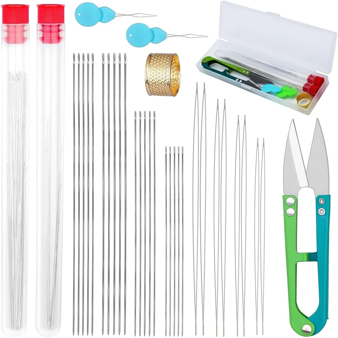 مجموعه سوزن مهره‌بافی 28 عددی HASTHIP®، شامل 20 عدد سوزن نخ‌کشی مهره‌بافی بلند و صاف و 8 عدد سوزن مهره‌بافی چشم‌بزرگ به همراه بطری سوزن، انگشتانه و سوزن‌نخ‌کن برای ساخت دستبند و جواهرات