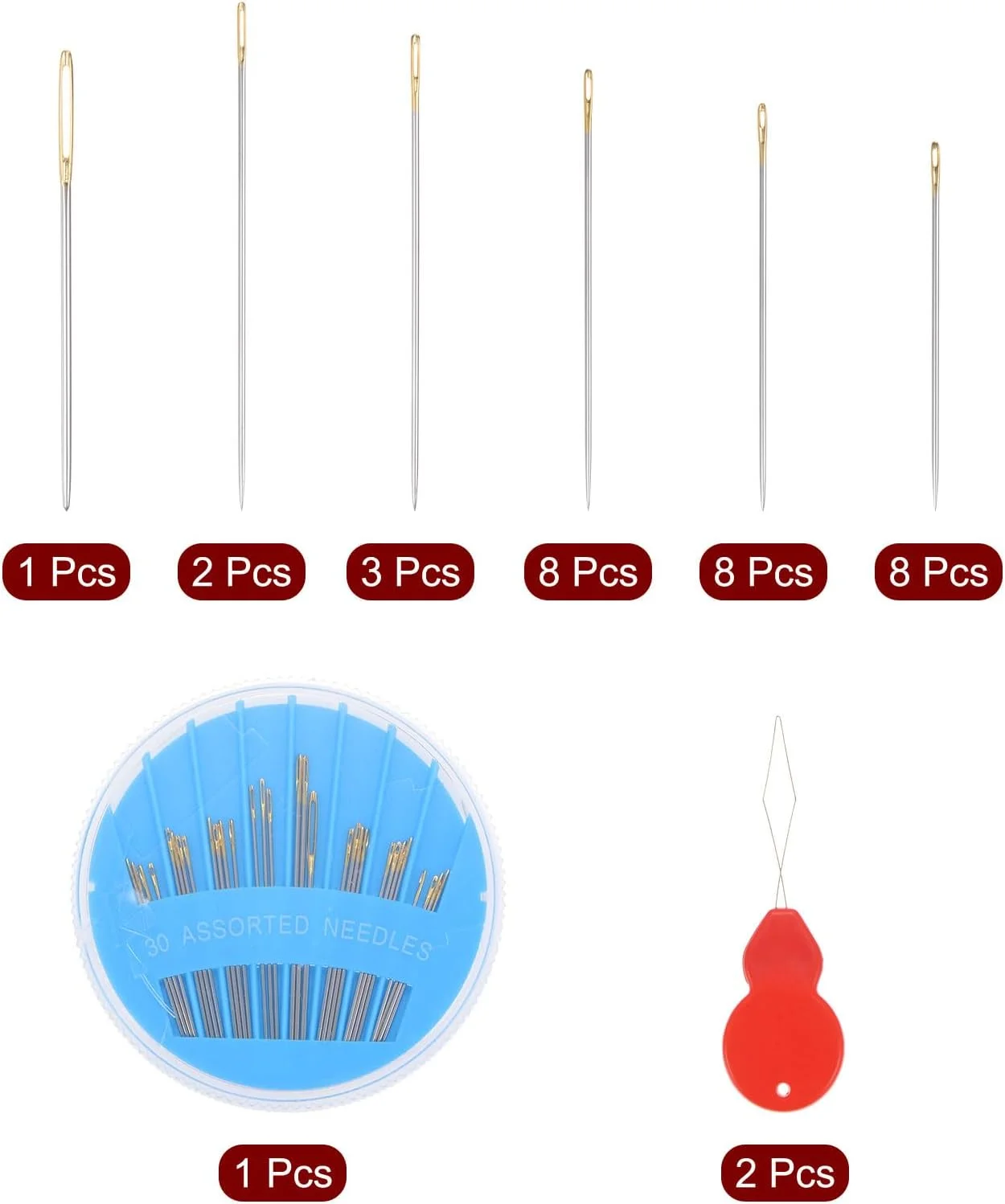 هارفینگتون 30 عدد سوزن خیاطی دستی با قطر 0.03 اینچ در 6 سایز مختلف، سوزن های بخیه استیل ضد زنگ، سوزن های بخیه چشم بزرگ، سوزن گلدوزی با 2 سوزن نخ کن و جعبه نگهداری آبی