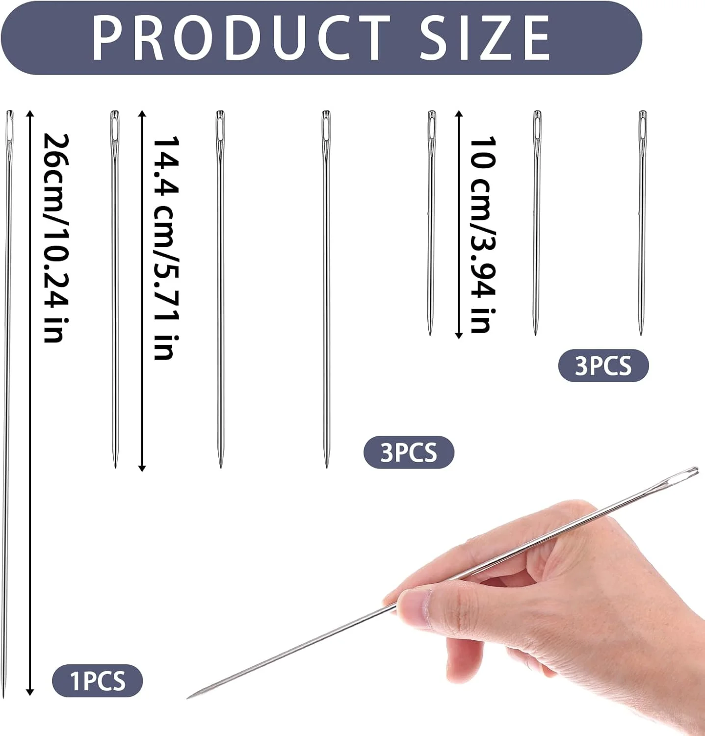 سوزن های روکش دوزی Gjinxi، 7 عدد سوزن خیاطی بزرگ بسیار بلند، سوزن های چشم بزرگ برای دوخت تعمیر چرم و بوم، سوزن خیاطی دستی حرفه ای برای روکش دوزی و پروژه های صنایع دستی 3 اینچ/5 اینچ/10 اینچ
