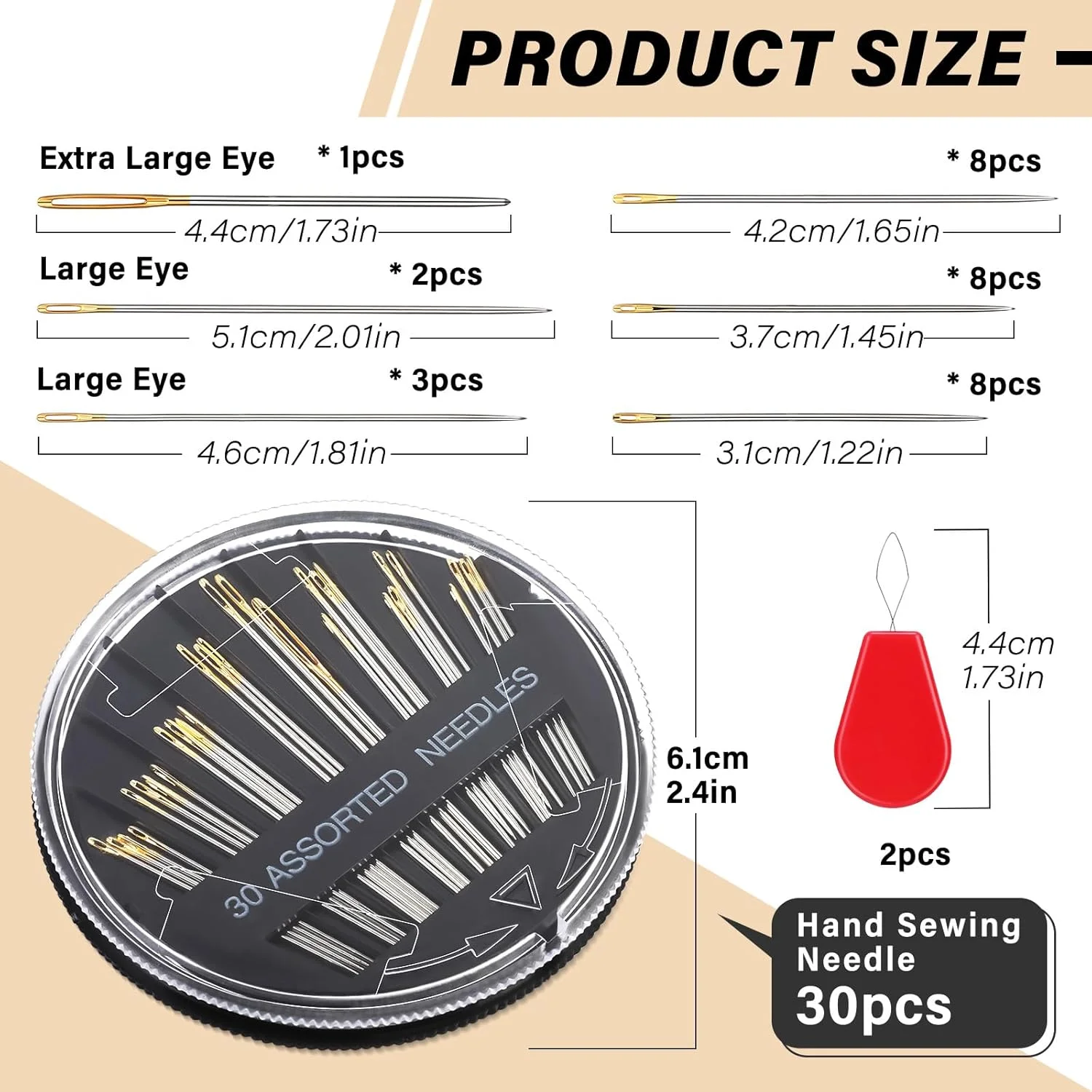 Ftyiwu بسته 30 عددی سوزن خیاطی دستی، کیت سوزن های گلدوزی متنوع، 6 سایز سوزن های خیاطی چشم بزرگ با سوزن نخ کن برای پروژه های صنایع دستی DIY، خیاطی دستی، تعمیر خیاطی