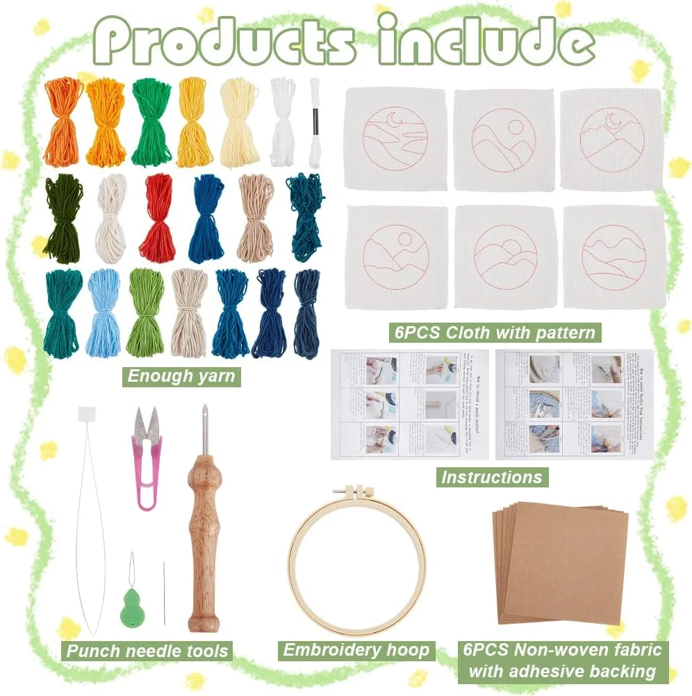 ست 6 عددی زیرلیوانی گلدوزی پانچ سوزنی منظره FREEBLOSS، کیت زیرلیوانی پانچ سوزنی، کیت فرش پانچ سوزنی با دستورالعمل، پارچه پانچ سوزنی، نخ، کیت گلدوزی دستی برای مبتدیان
