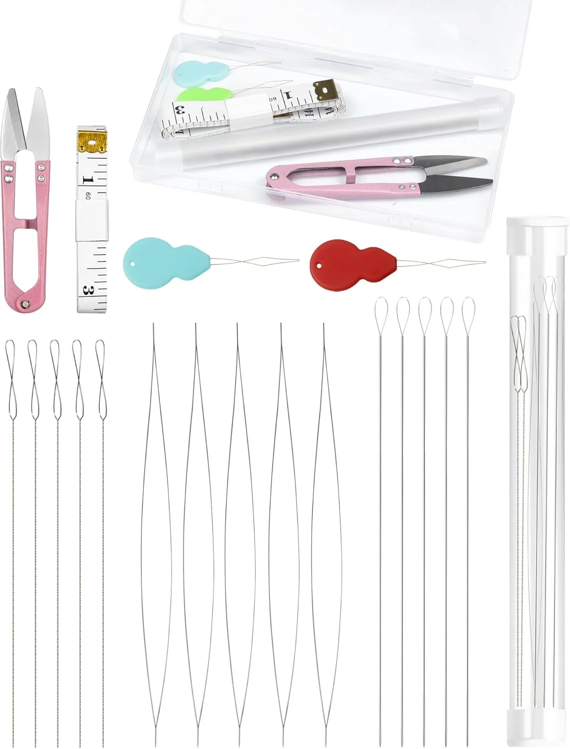ست سوزن مهره FIVEIZERO، 3 سایز مختلف سوزن مهره چشم بزرگ (همراه با نخ‌کش)، بطری سوزن، نخ، سوزن گلدوزی، انگشتانه، ست سوزن مهره تاشو برای ساخت جواهرات