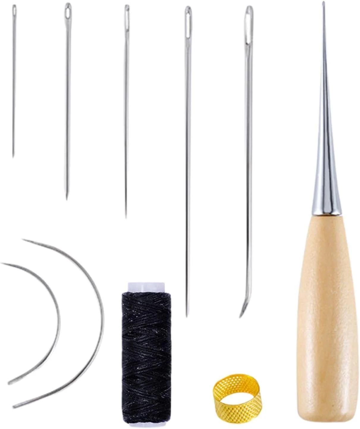 ست 10 عددی نخ چرمی مشکی کوچک EOWVISN، ست سوزن پانچ، سوزن روکش، سوزن دوخت پارچه ضخیم، سوزن دوخت بدون نخ، سوزن گرد برای دوخت