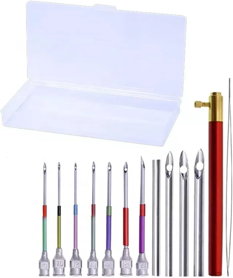 ست سوزن پانچ شماره 1 با دسته فلزی و نخ‌کن، قلم جادویی برای گلدوزی فرش، نمد مالی و کار کوک روسی