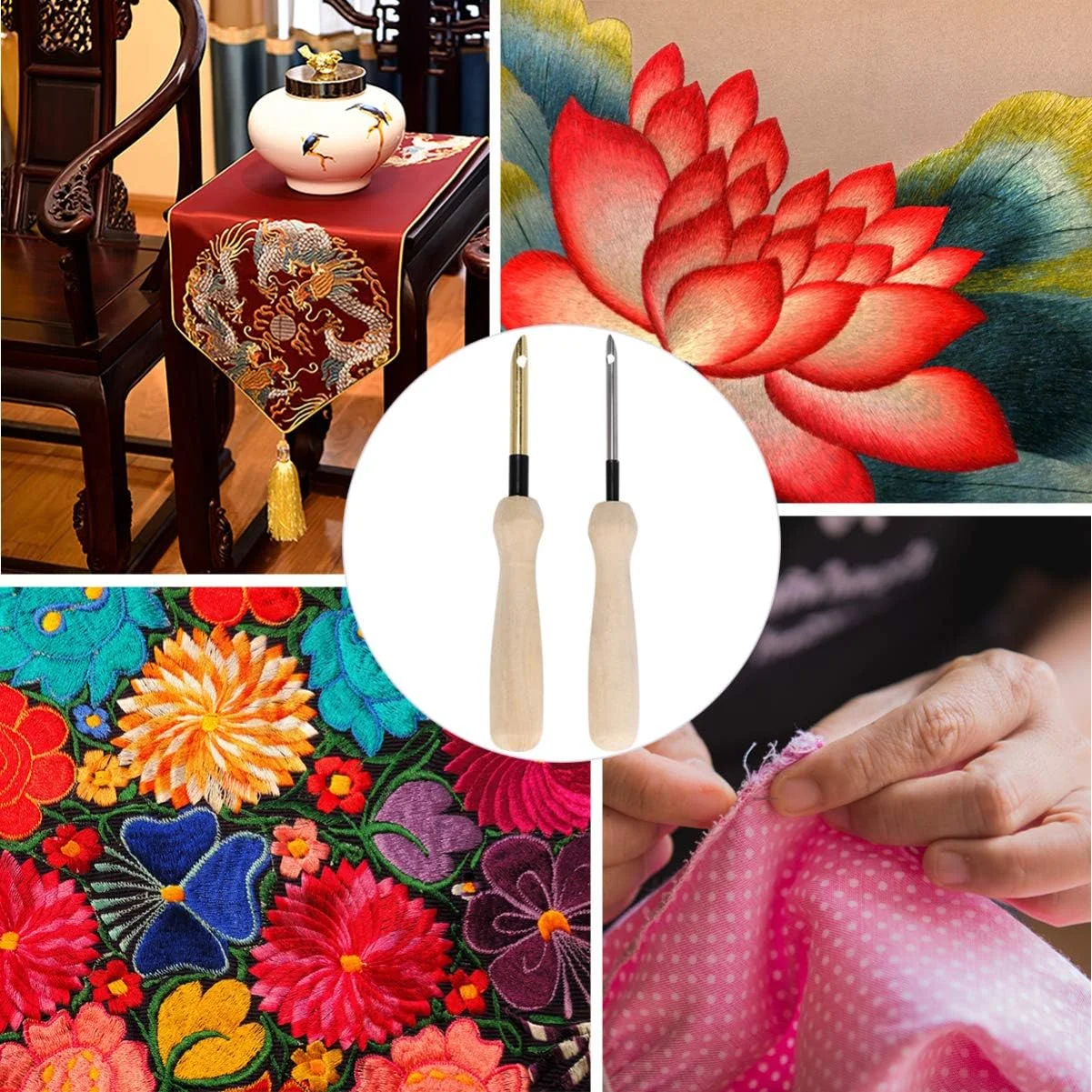2 عدد قلم گلدوزی دسته چوبی، سوزن پانچ گلدوزی، ابزار بافندگی برای تزئینات DIY 2 عدد قلم گلدوزی دسته چوبی، سوزن پانچ گلدوزی، ابزار بافندگی برای تزئینات DIY
