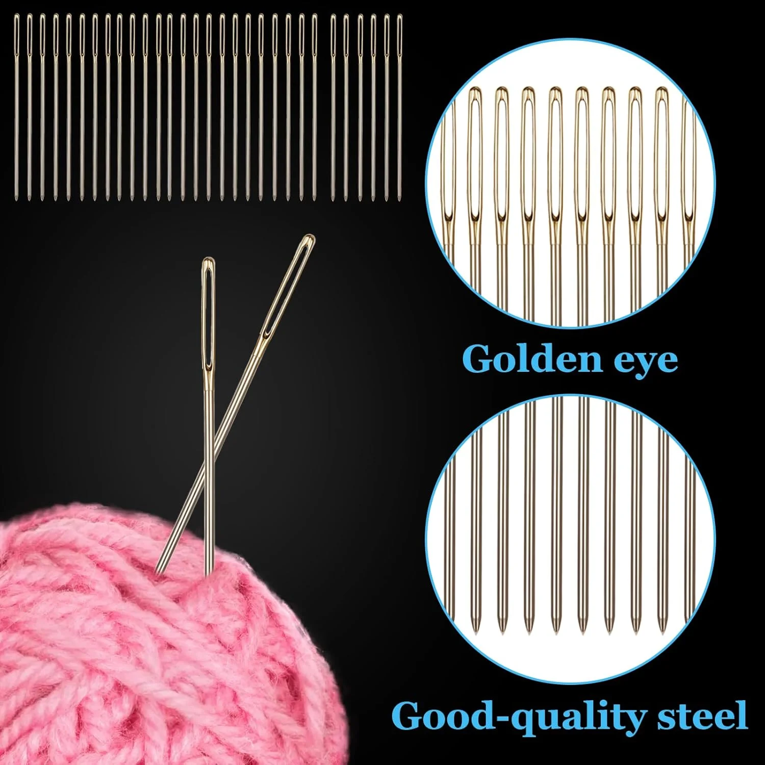 30 عدد سوزن گلدوزی، سوزن های کند با چشم های بزرگ طلایی رنگ، لوازم سوزن دوزی استیل ضد زنگ، سوزن خیاطی دستی با جعبه شفاف برای گلدوزی (1.5 اینچ)