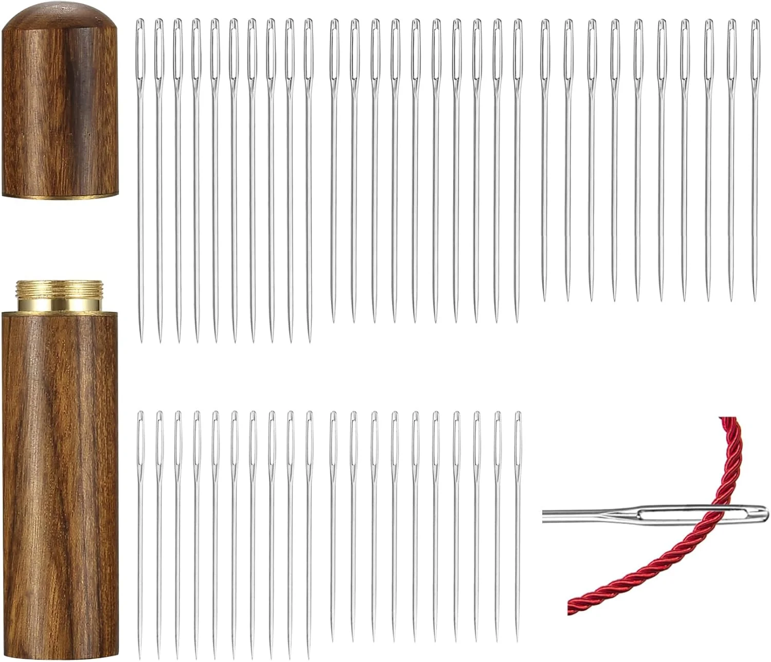 50 عدد سوزن خیاطی چشم بزرگ برای خیاطی دستی، سوزن های گلدوزی، سوزن های ملیله دوزی خود نخ فولاد ضد زنگ، سوزن های لحاف دوزی نخ با جعبه سوزن چوبی برای DIY