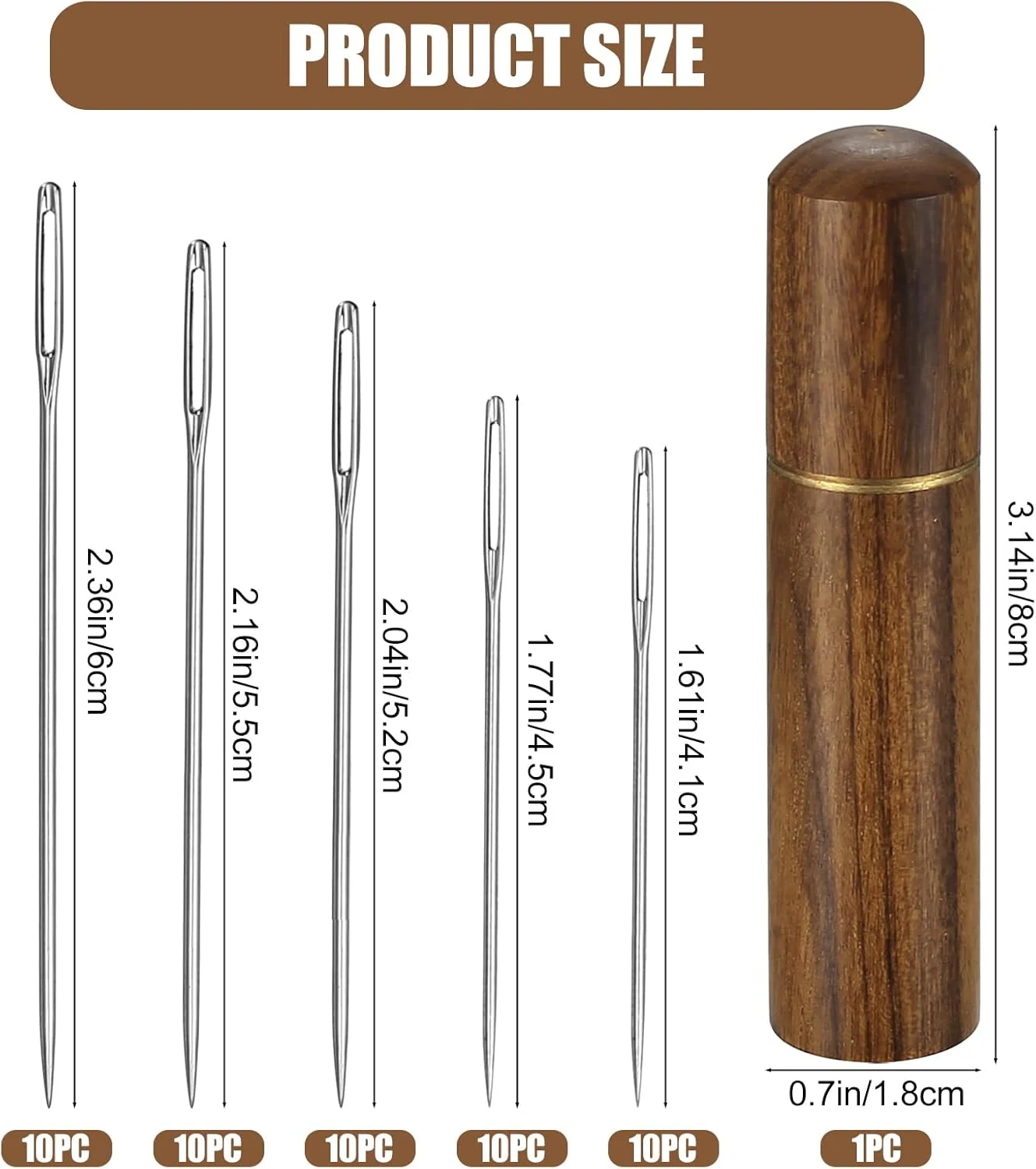 50 عدد سوزن خیاطی چشم بزرگ برای خیاطی دستی، سوزن های گلدوزی، سوزن های ملیله دوزی خود نخ فولاد ضد زنگ، سوزن های لحاف دوزی نخ با جعبه سوزن چوبی برای DIY