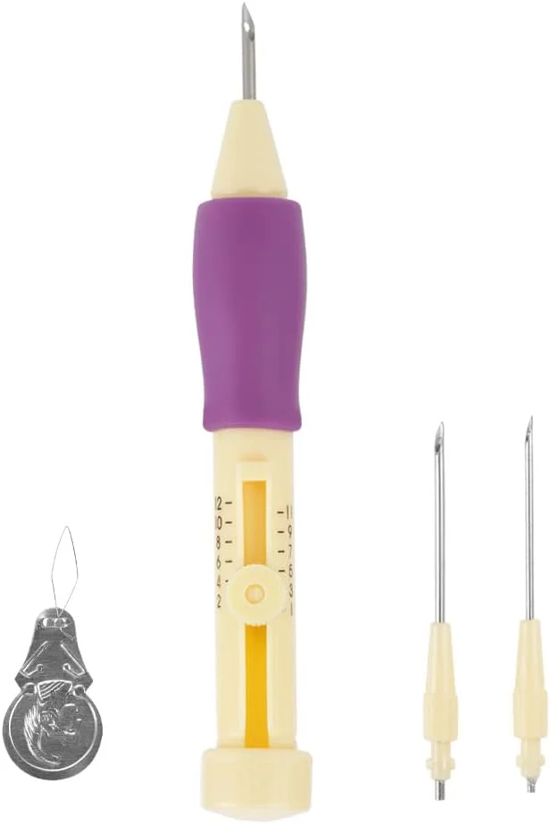 ست قلم سوزن دوزی 3 سایز، ابزار سوزن پانچ قابل تنظیم، ست قلم گلدوزی سوزن پانچ برای نخ های گلدوزی خیاطی DIY (زرد + بنفش)