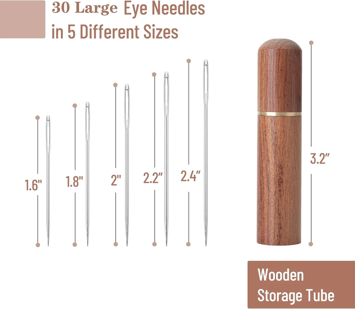 30 عدد سوزن چشم بزرگ برای خیاطی دستی، سایزهای مختلف با لوله چوبی نگهداری، سوزن خیاطی، گلدوزی نقره ای بزرگ