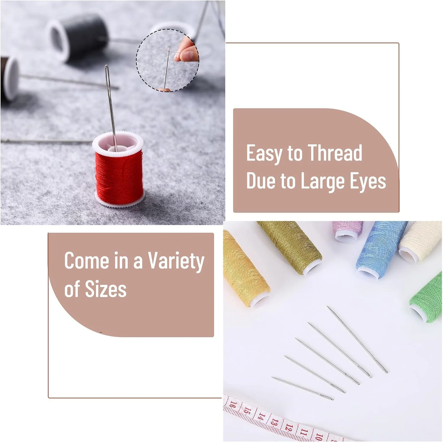 30 عدد سوزن چشم بزرگ برای خیاطی دستی، سایزهای مختلف با لوله چوبی نگهداری، سوزن خیاطی، گلدوزی نقره ای بزرگ