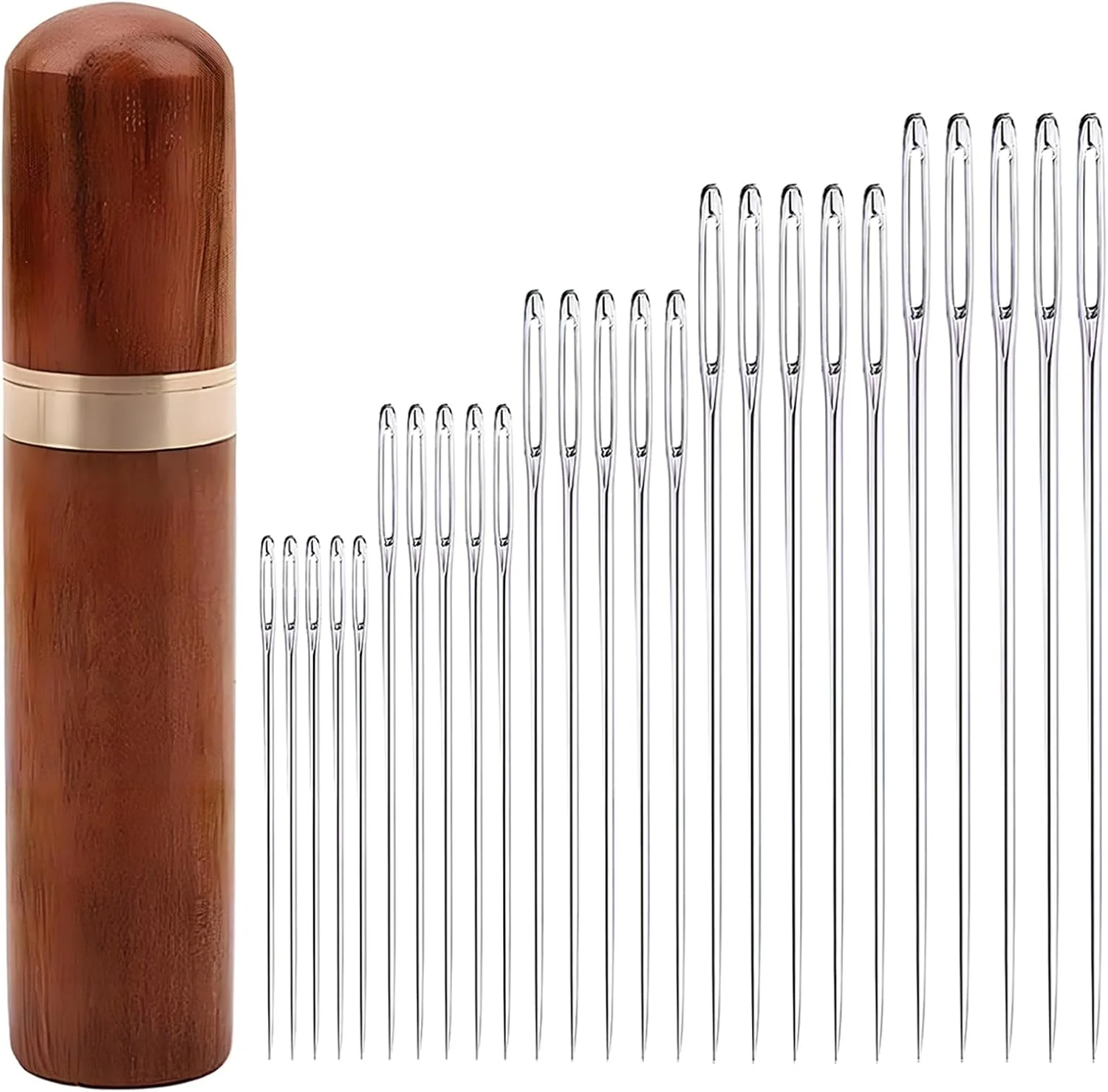 بسته 25 عددی سوزن خیاطی چشم بزرگ با جعبه چوبی، سوزن های خیاطی استیل ضد زنگ برای خیاطی دستی، سوزن های گلدوزی، سوزن های کوک متقاطع، سوزن های وصله برای پشم و صنایع دستی