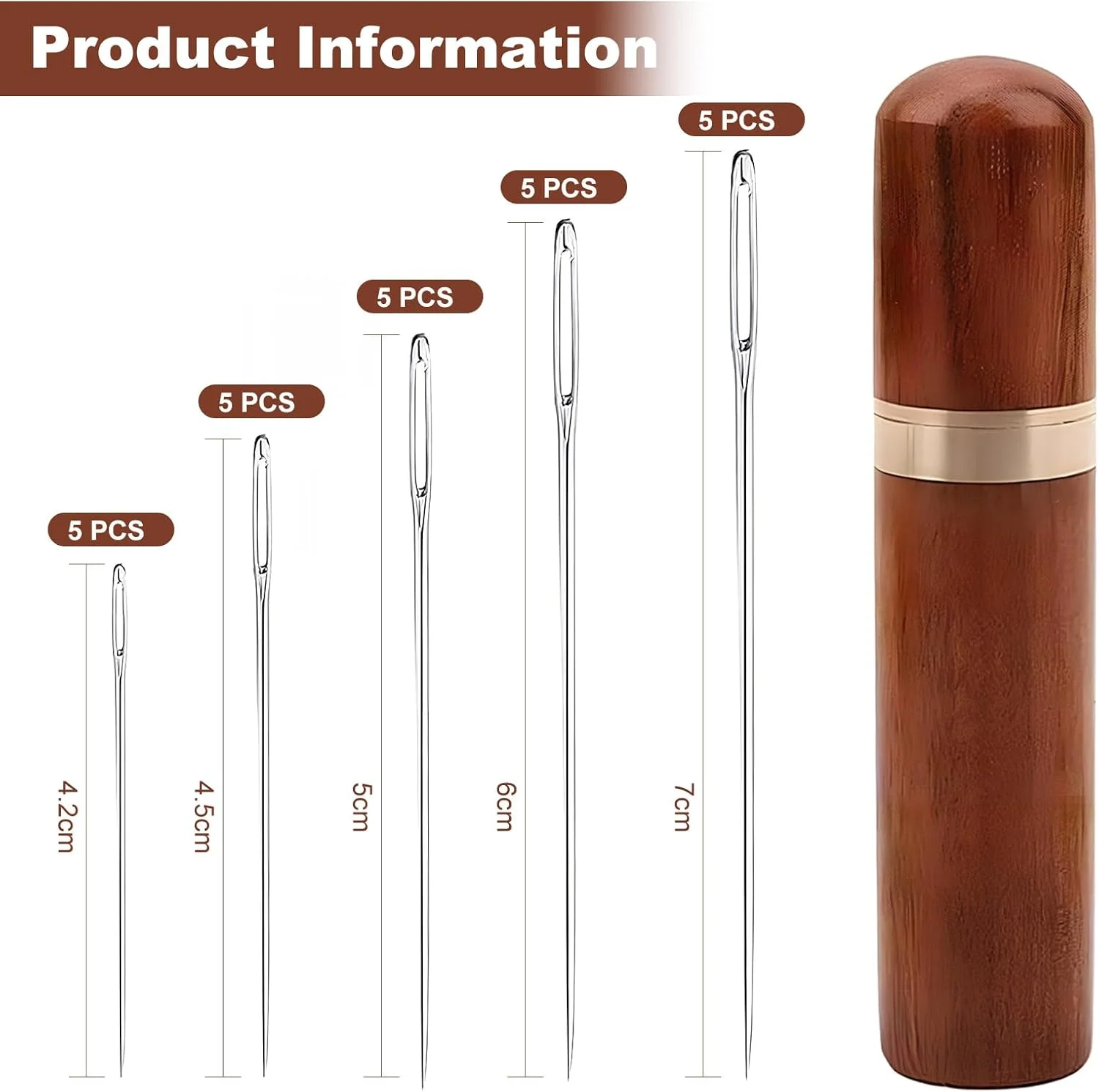 بسته 25 عددی سوزن خیاطی چشم بزرگ با جعبه چوبی، سوزن های خیاطی استیل ضد زنگ برای خیاطی دستی، سوزن های گلدوزی، سوزن های کوک متقاطع، سوزن های وصله برای پشم و صنایع دستی