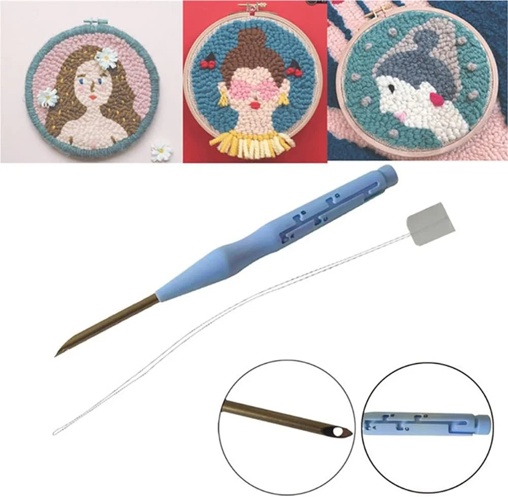 کیت گلدوزی DIY، سوزن پانچ نخ با دسته چوبی، قلم گلدوزی، سوزن نخ‌کن، پارچه برای کوک صلیبی (C)