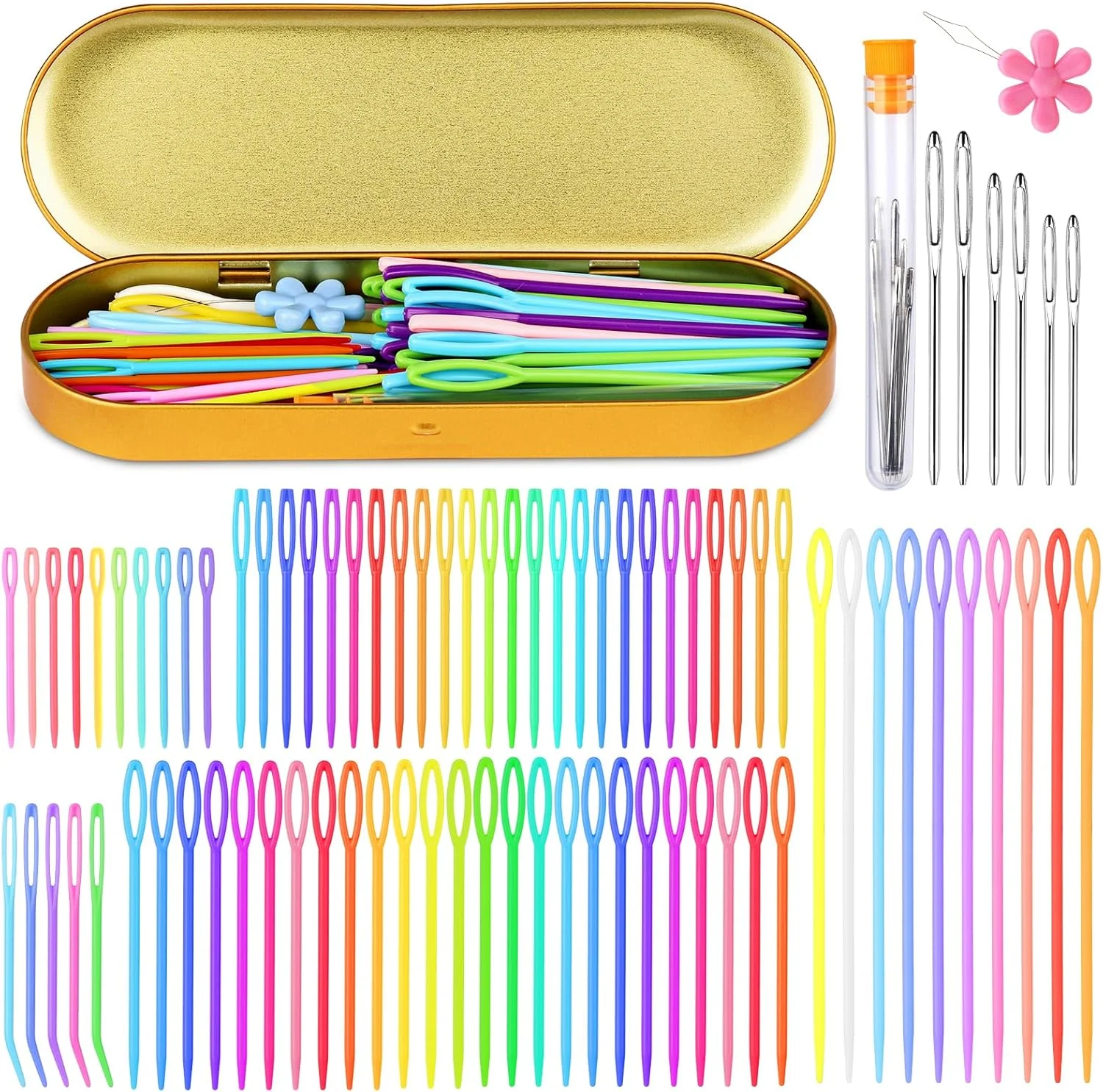 مجموعه سوزن خیاطی داکسیرو، 70 عدد سوزن خیاطی پلاستیکی و 6 عدد سوزن کند، سوزن خیاطی، سوزن بافندگی ایمنی با جعبه نگهداری برای خیاطی DIY، پروژه سوزن صنایع دستی دست ساز