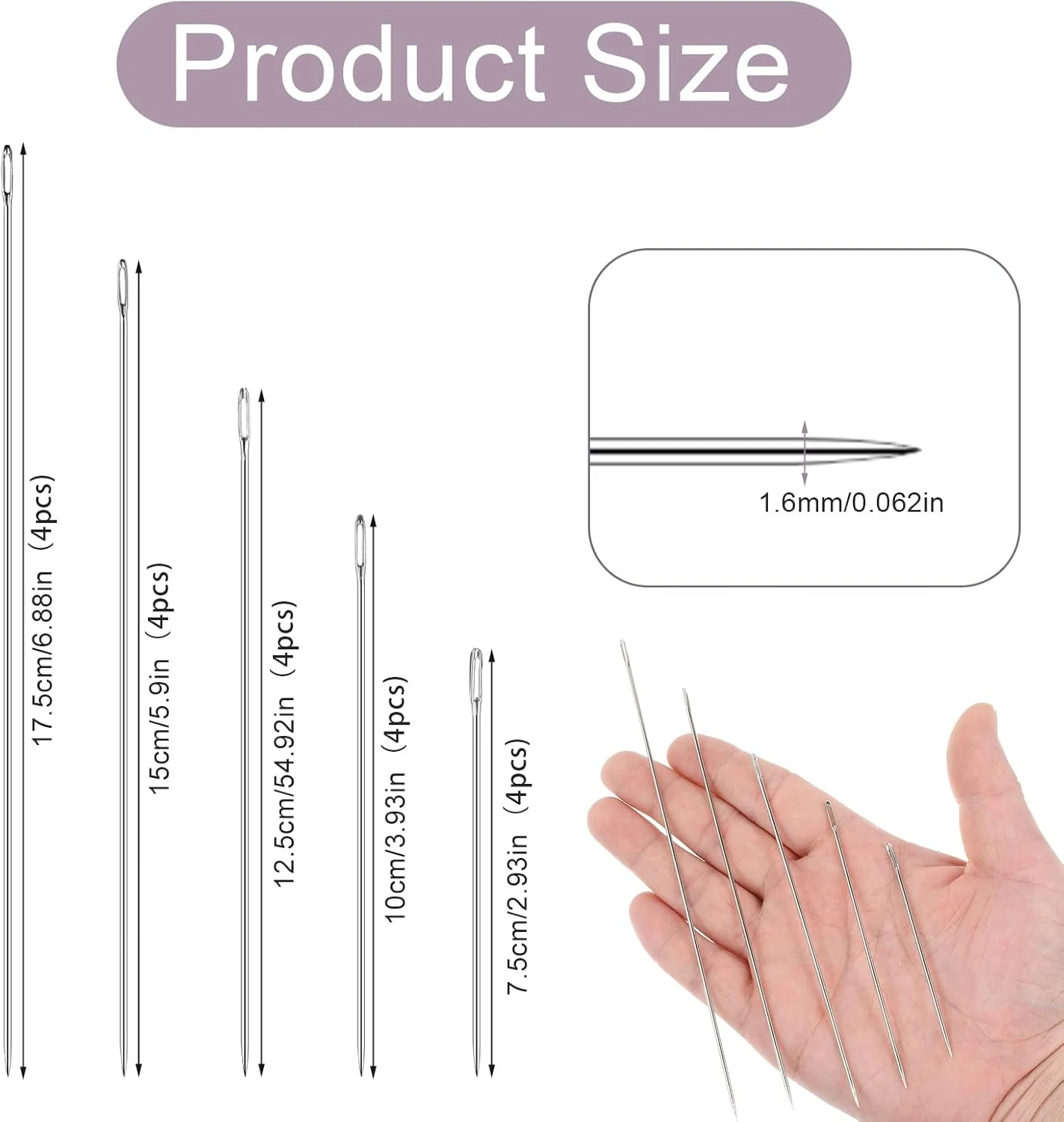 بسته 20 عددی سوزن های لحاف دوزی بلند 7.5/10/12.5/15/17.5 سانتی متری، سوزن های خیاطی بلند با سوراخ بزرگ، سوزن روکش مبلمان با سوراخ بزرگ، سوزن روکش مبلمان، سوزن تشک، سوزن بزرگ برای دوخت چرم