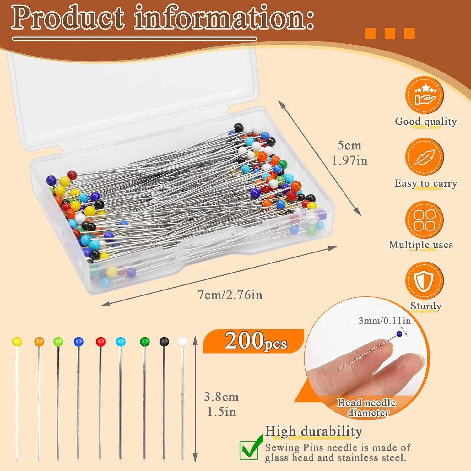 دوکثیرو 200 عدد سوزن خیاطی رنگارنگ با سر شیشه ای، سوزن های مستقیم 38 میلی متری بلند با نوک تیز برای لحاف دوزی، جواهر سازی