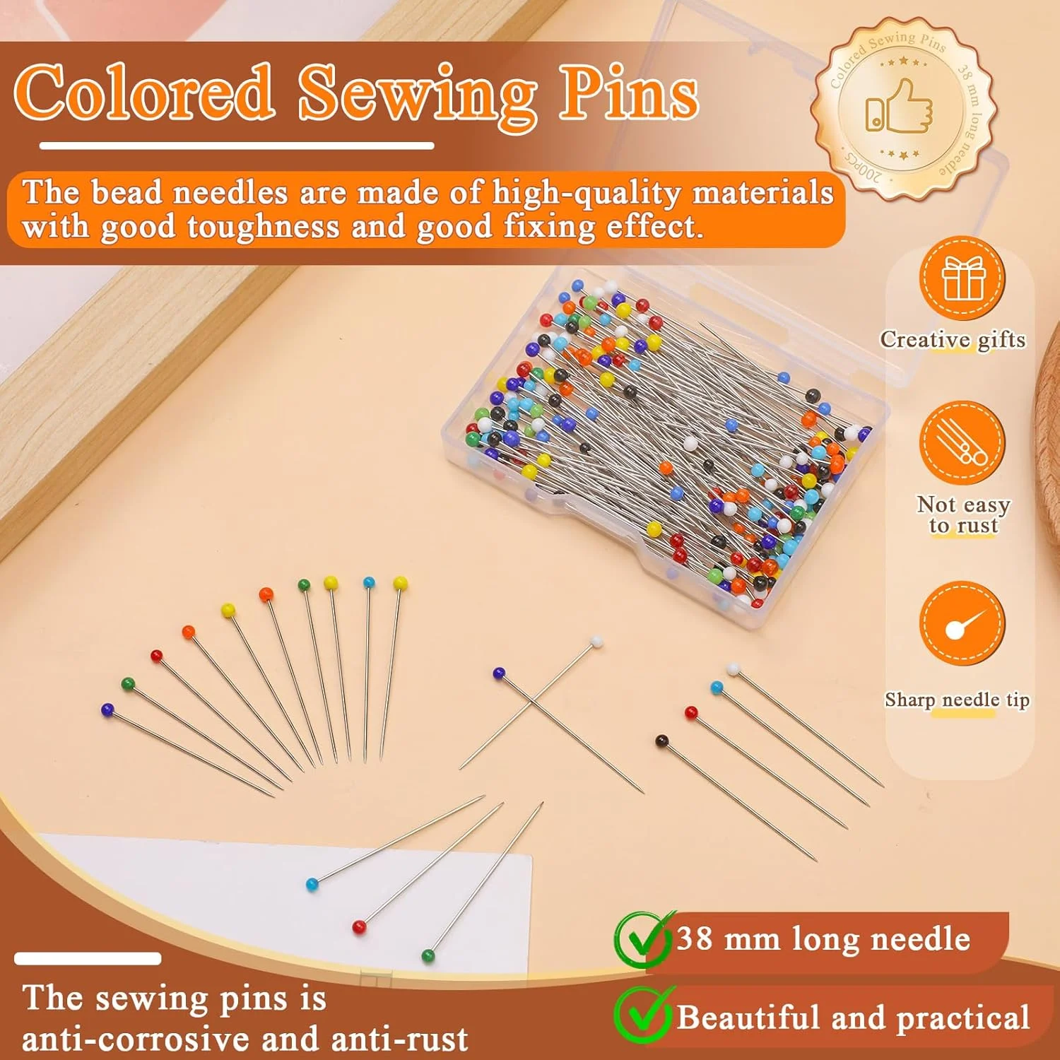 دوکثیرو 200 عدد سوزن خیاطی رنگارنگ با سر شیشه ای، سوزن های مستقیم 38 میلی متری بلند با نوک تیز برای لحاف دوزی، جواهر سازی