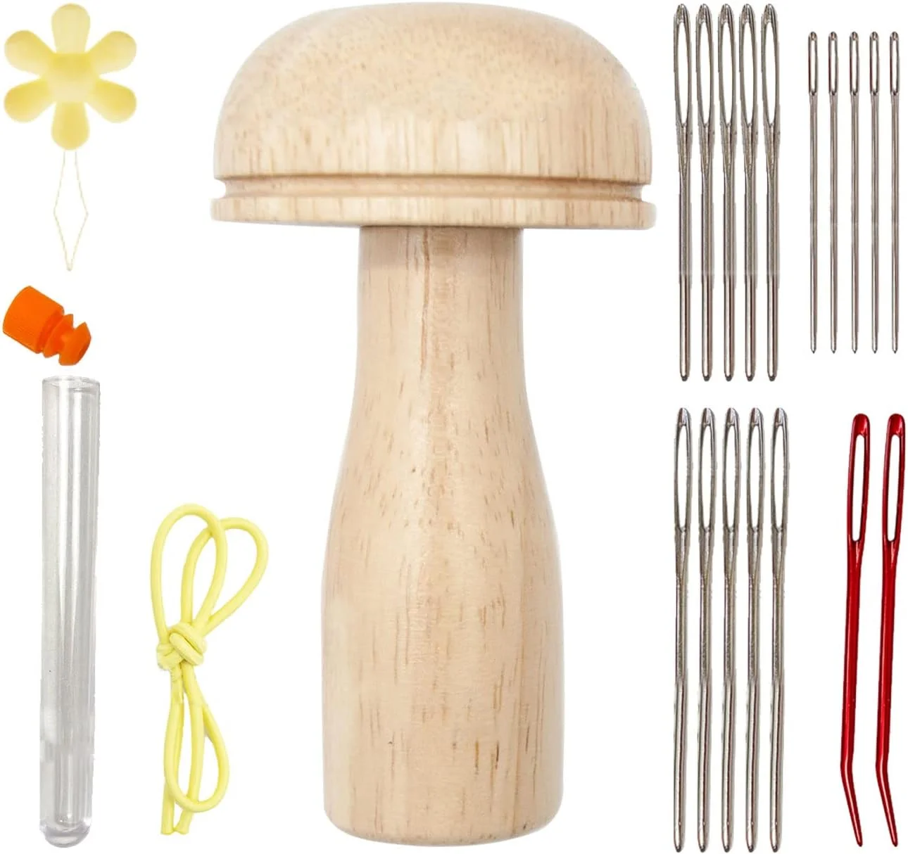 ست ابزار قارچ رفوگری، ابزار چوبی خیاطی برای تعمیر و وصله کردن با مجموعه سوزن های خیاطی، سوزن های کوبلن نوک تیز و خمیده، مجموعه نخ برای جوراب، لباس، خیاطی دستی خانگی، هدیه ای برای مادر