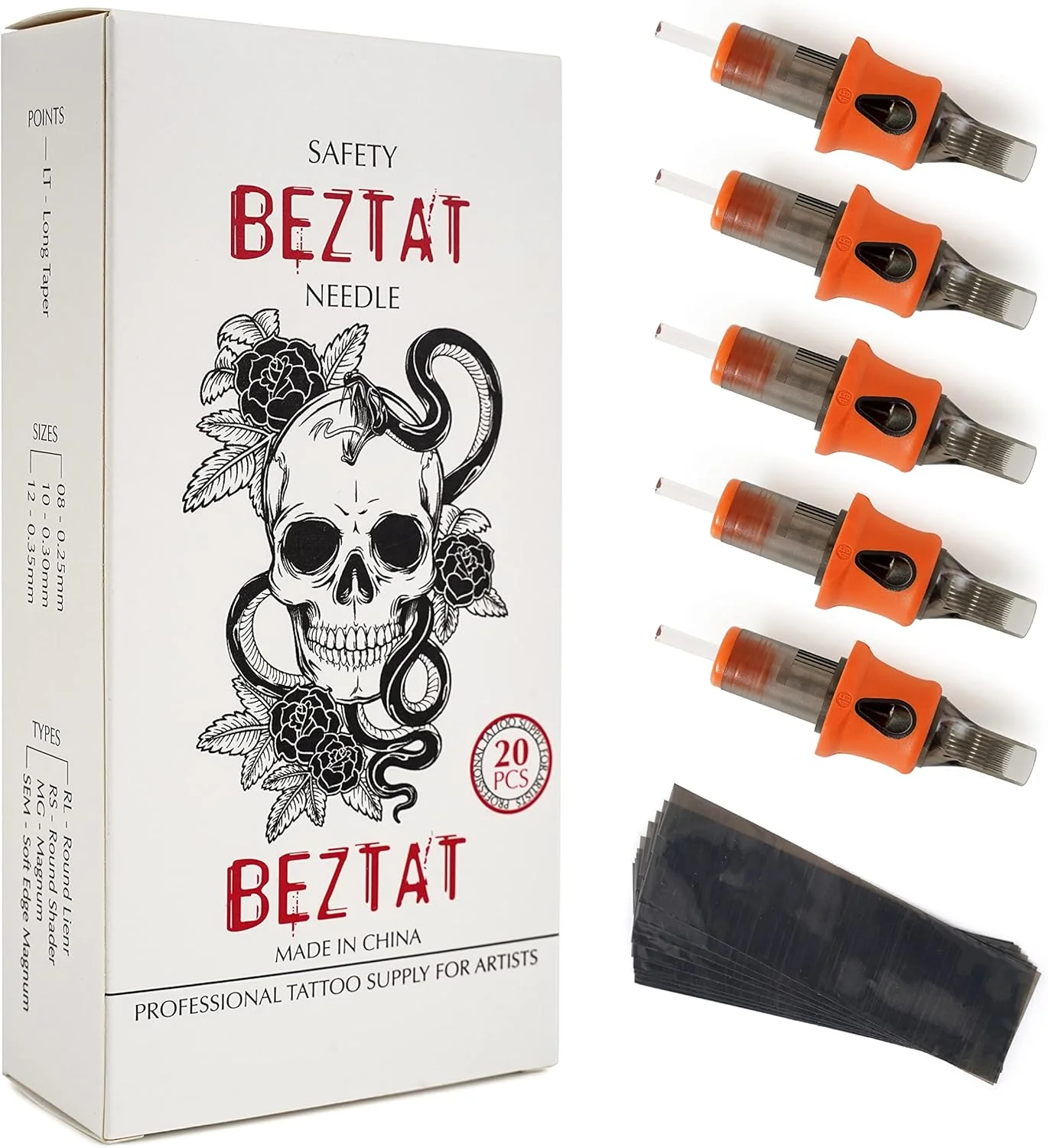 کارتریج سوزن تاتو حرفه ای فوق العاده ممتاز BEZTAT به همراه گریپ و روکش های دستگاه شماره 12 مگنوم منحنی بسته 20 عددی (1211CM)
