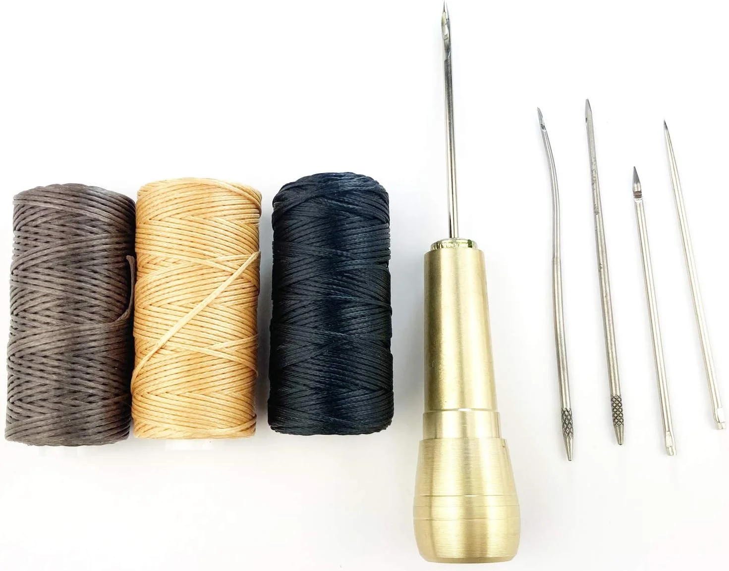 ست بخیه دستی 5 سوزنه Becho با دسته مسی برای تعمیر کفش و نخ موم زده 150D/150m برای دوخت DIY بوم/چرم (طلایی)