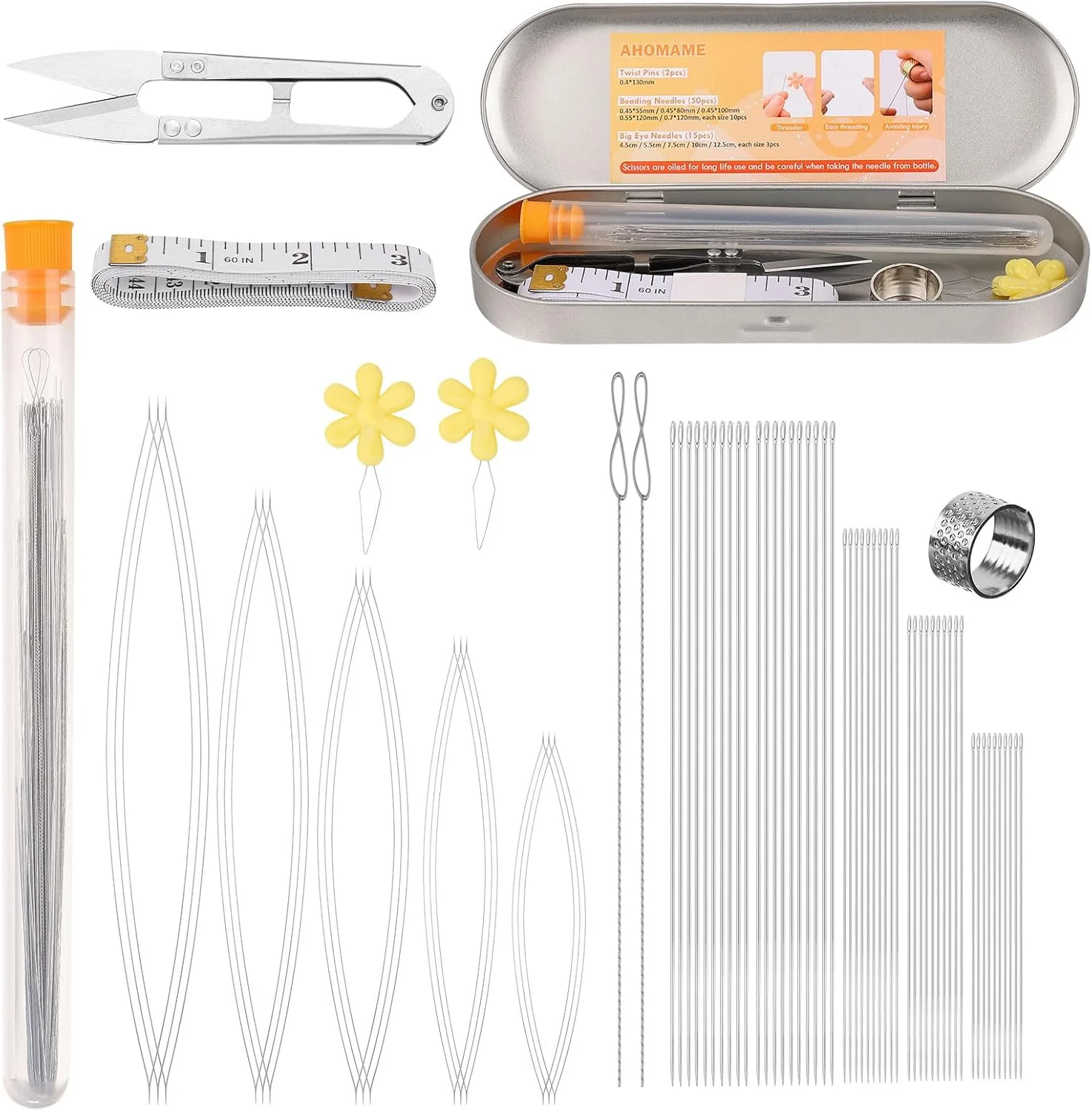 ست 74 عددی سوزن مهره دوزی، شامل 50 عدد سوزن مهره دوزی چشم بزرگ، 15 عدد سوزن مهره دوزی دانه ای، 2 عدد سوزن مهره دوزی پیچ دار برای ساخت جواهرات، ابزار دستبند و لوازم مهره دوزی