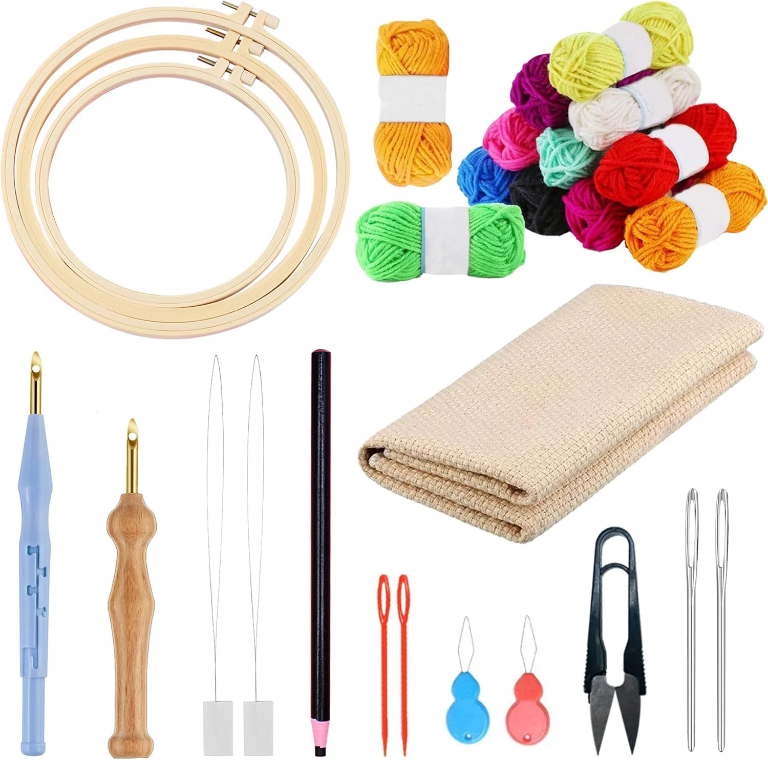 ست 17 تکه سوزن پانچ آلازون، شامل 3 حلقه پلاستیکی با 3 پارچه سوزن پانچ، 12 رنگ نخ، سوزن پانچ، سوزن های چشم بزرگ، نخ رد کن برای کیت های سوزن پانچ