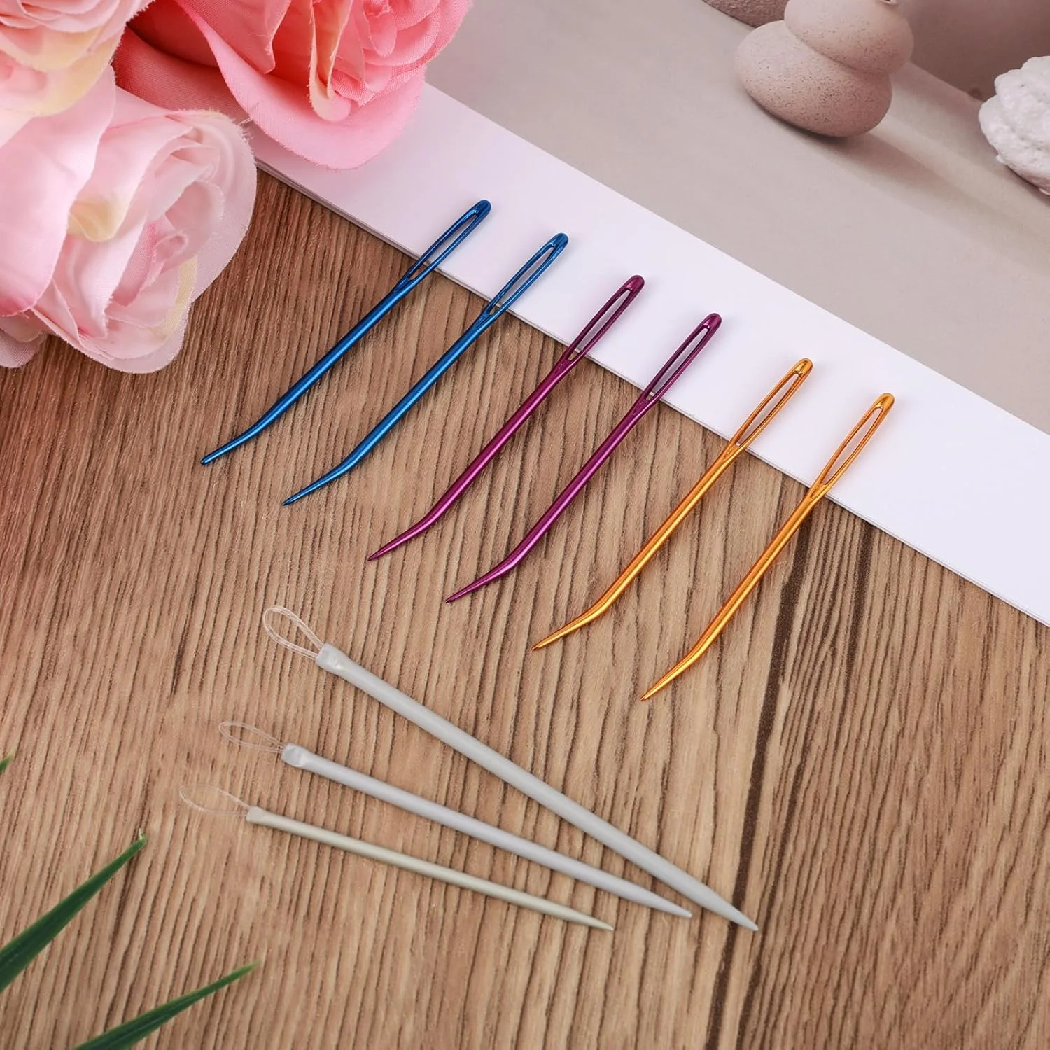 ست سوزن نخ ریسی 9 عددی، سوزن های خیاطی دستی آلومینیومی با چشم بزرگ و نوک خمیده، ابزار بافندگی پشم برای پروژه های گلدوزی قلاب بافی